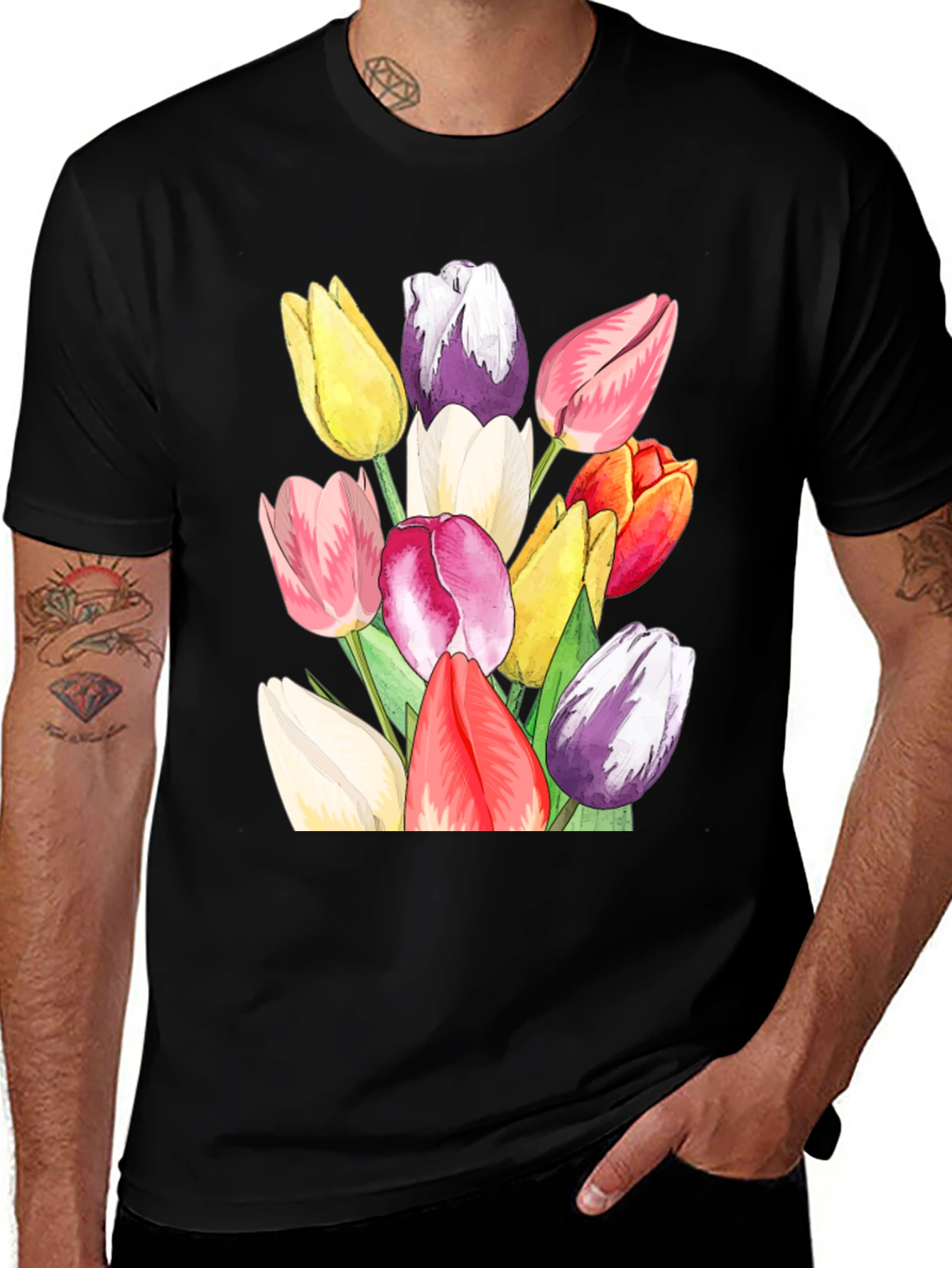 Tulip Bouquet Graphic Tee - Stylish Black T-Shirt