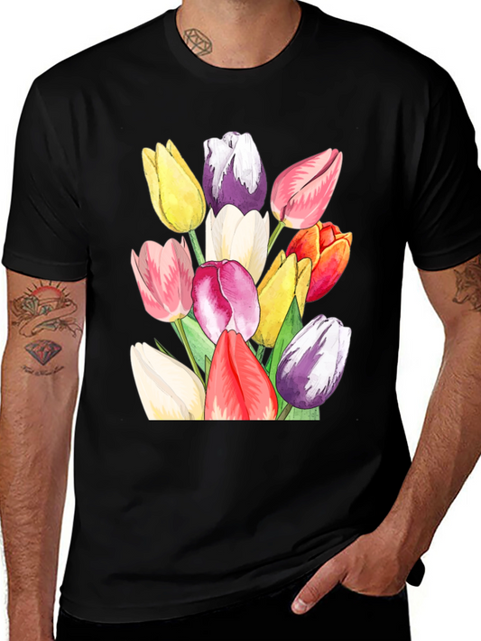 Tulip Bouquet Graphic Tee - Stylish Black T-Shirt