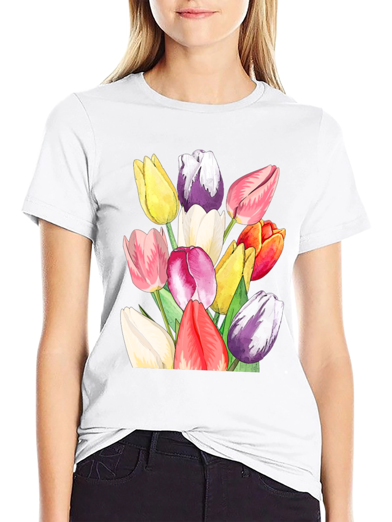 Tulip Bouquet Graphic Tee - Stylish Black T-Shirt
