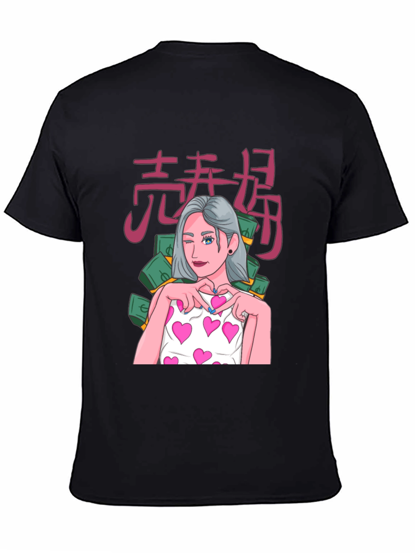 Black Graphic Tee - Anime Girl with Hearts