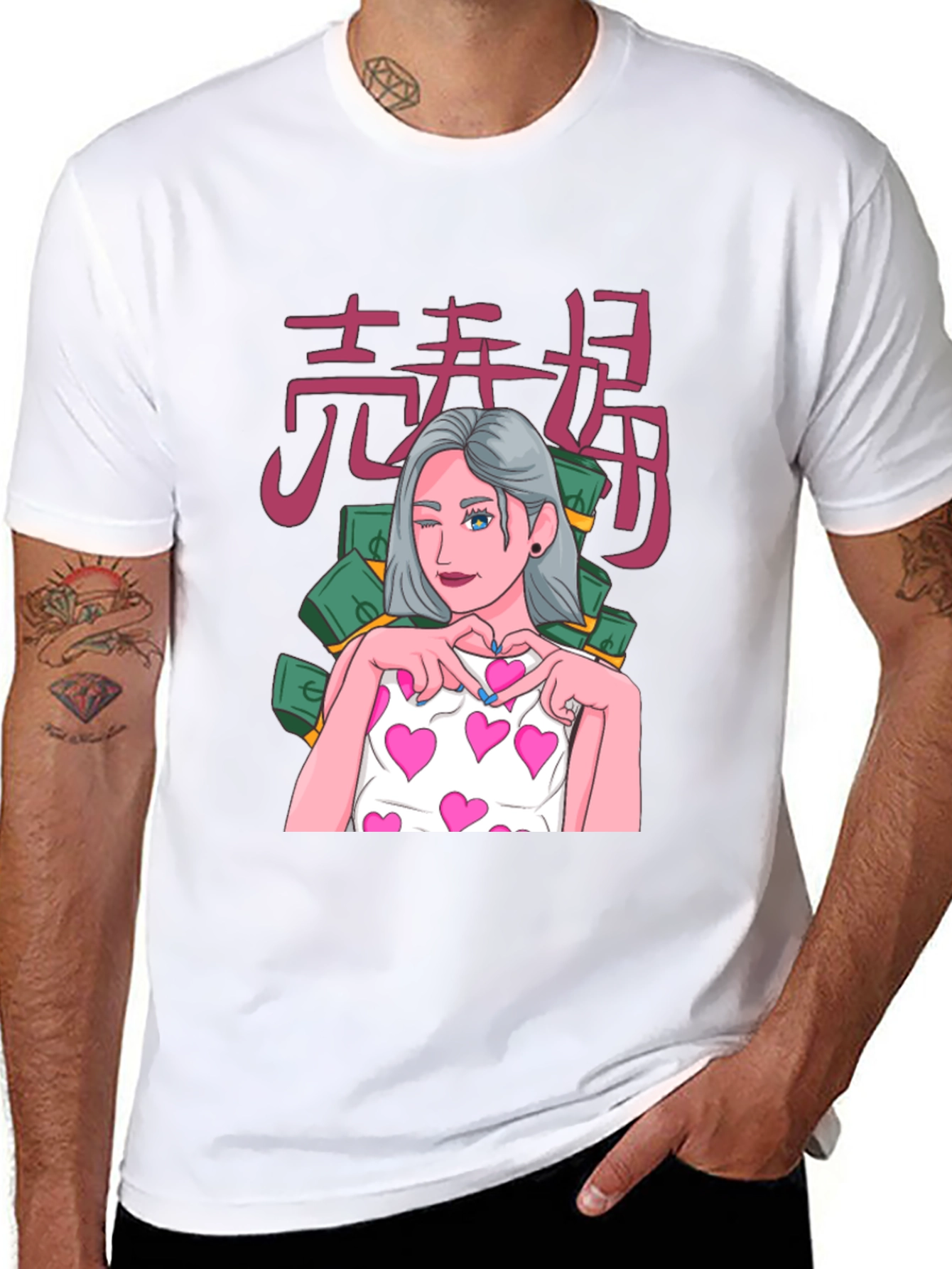 Black Graphic Tee - Anime Girl with Hearts