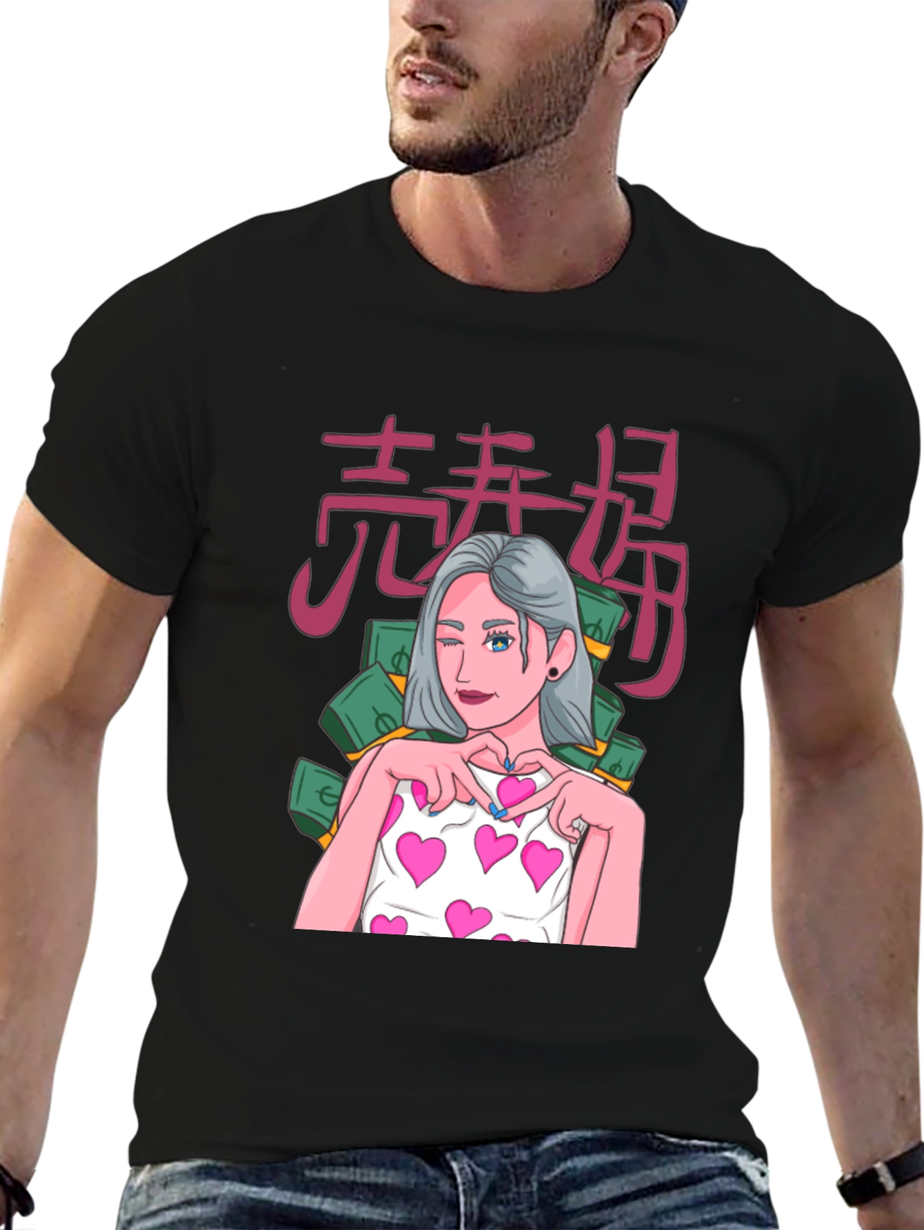 Black Graphic Tee - Anime Girl with Hearts