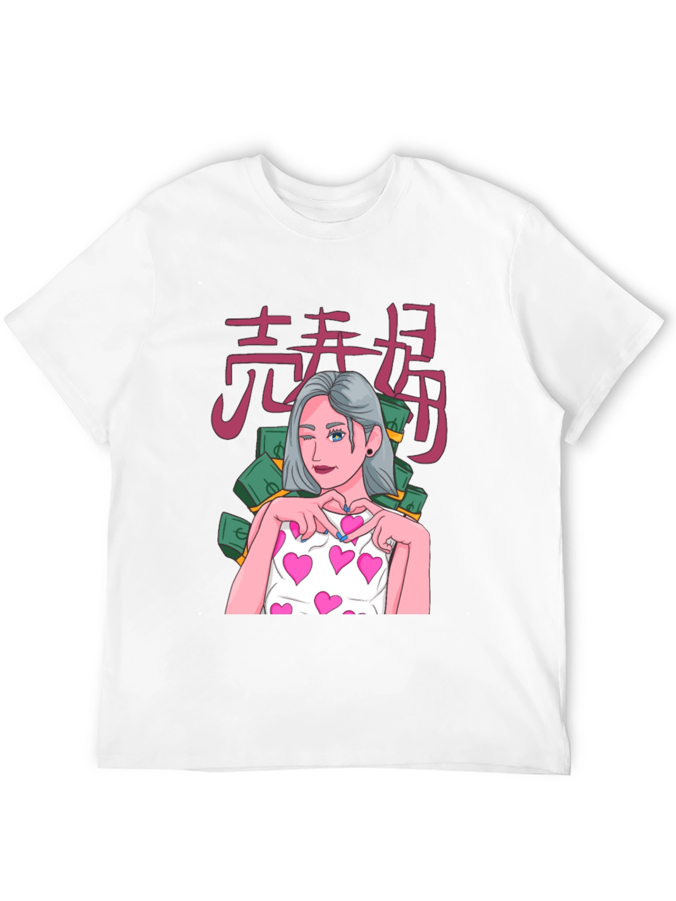 Black Graphic Tee - Anime Girl with Hearts