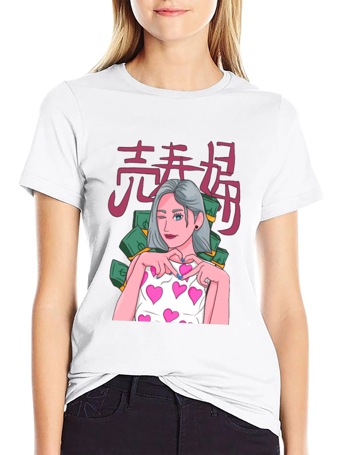 Black Graphic Tee - Anime Girl with Hearts