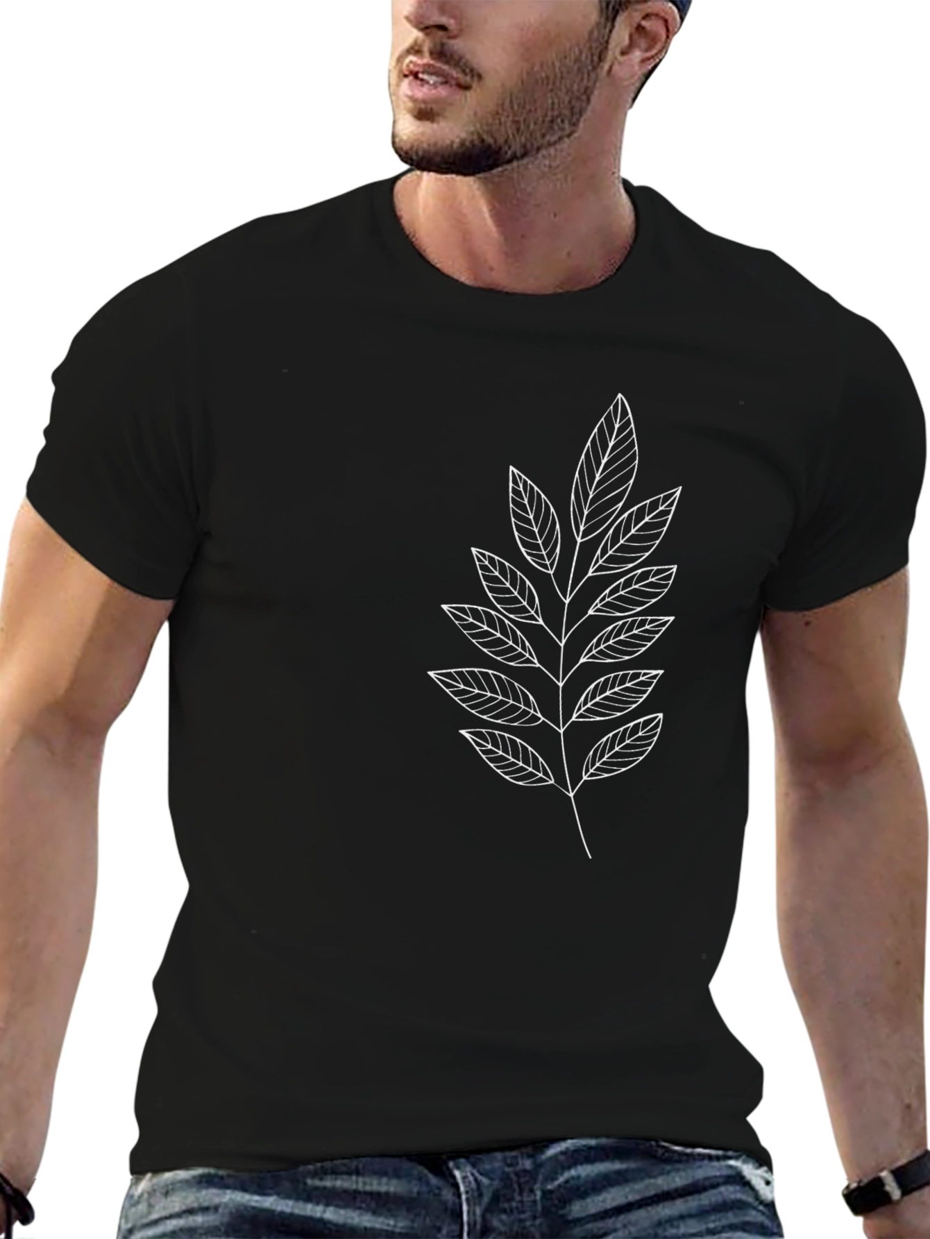 Black Tee with Leaf Print