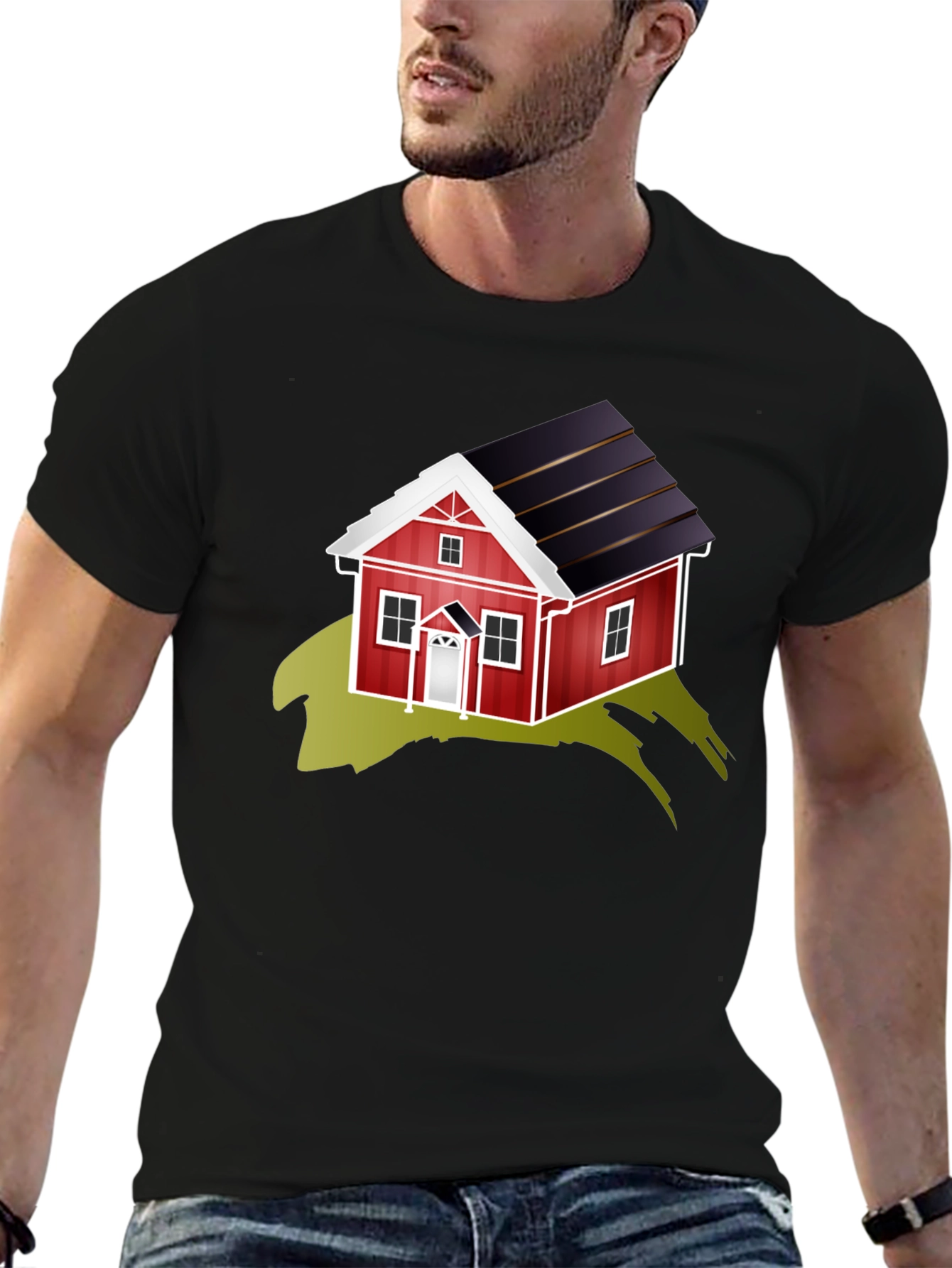 Quirky House Graphic Tee - Soft Black Cotton Blend