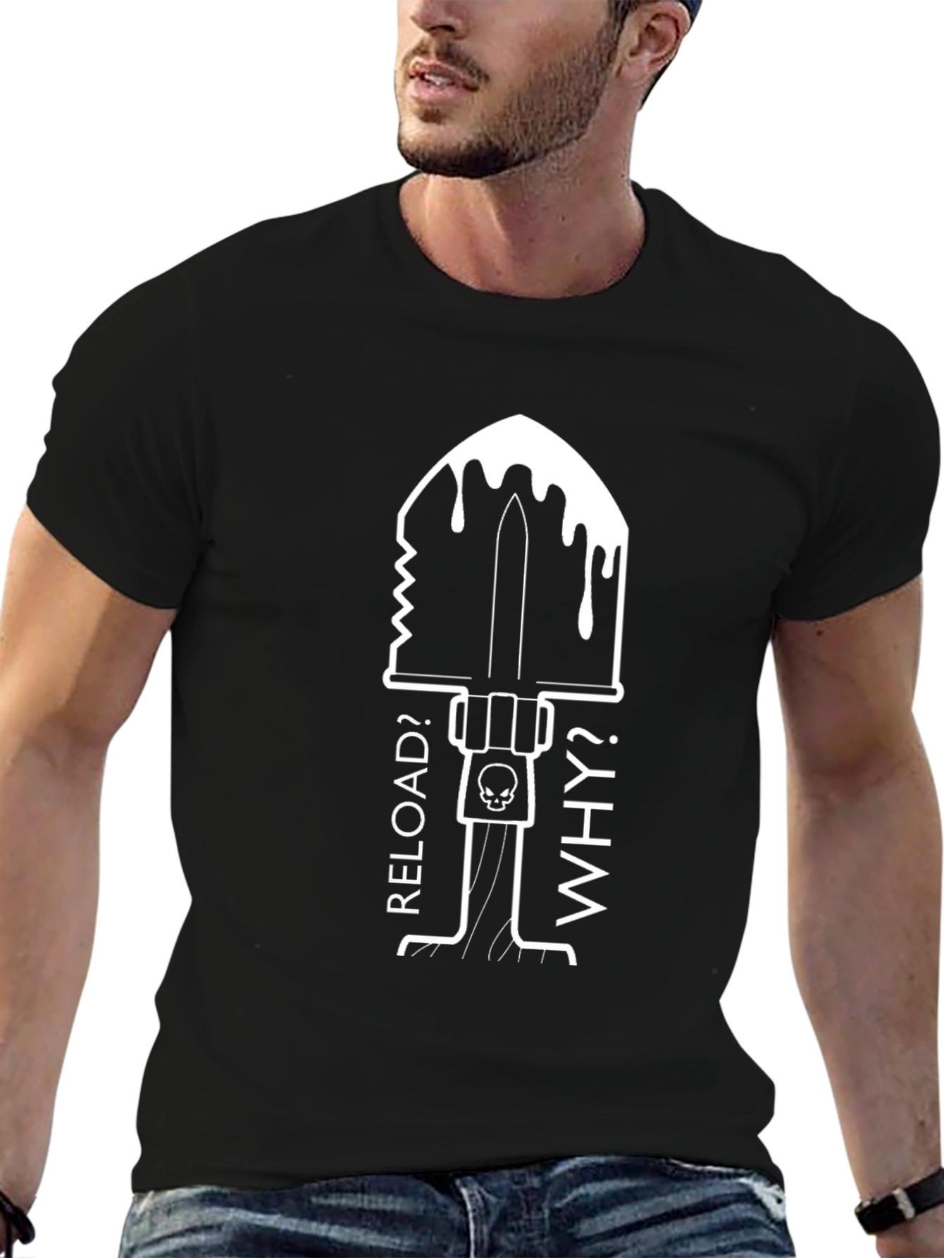Reload? Why? Graphic T-Shirt - Skull & Shovel Design