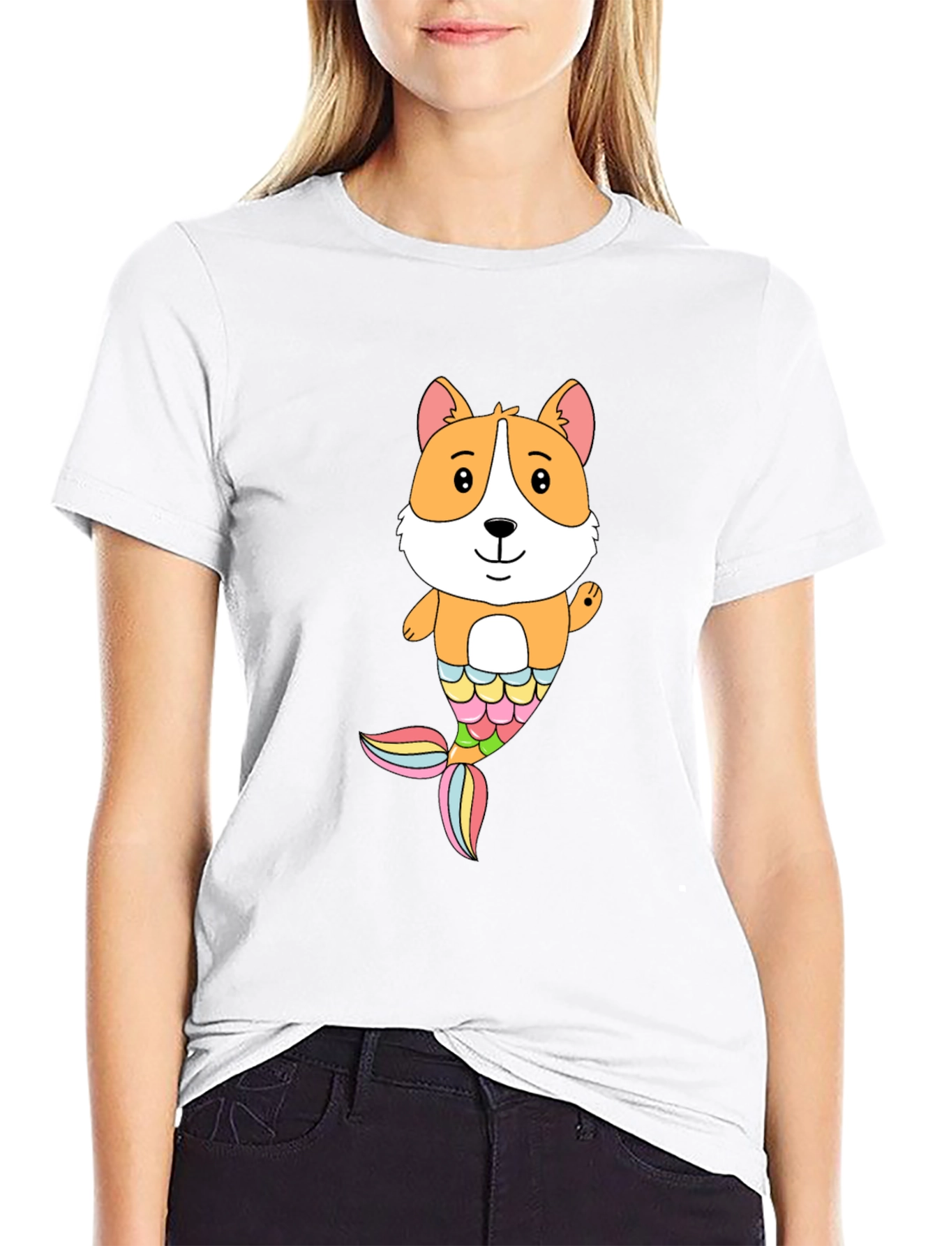 Corgi Mermaid Graphic Black T-Shirt
