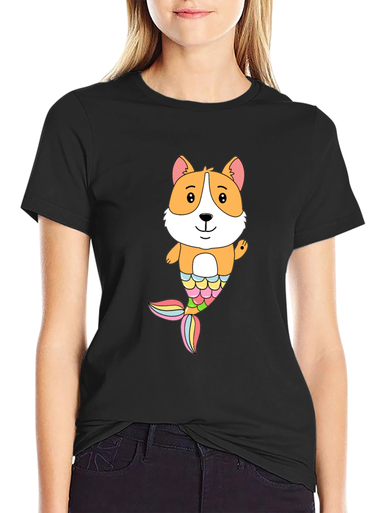 Corgi Mermaid Graphic Black T-Shirt