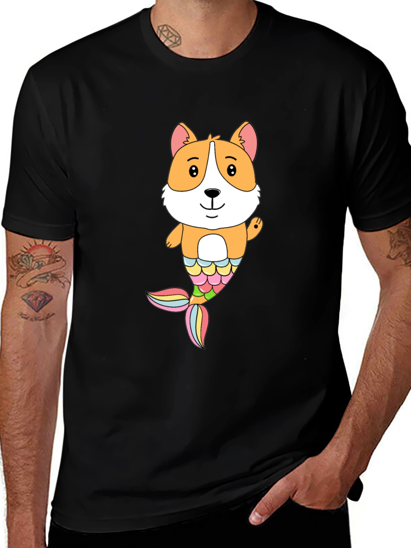 Corgi Mermaid Graphic Black T-Shirt