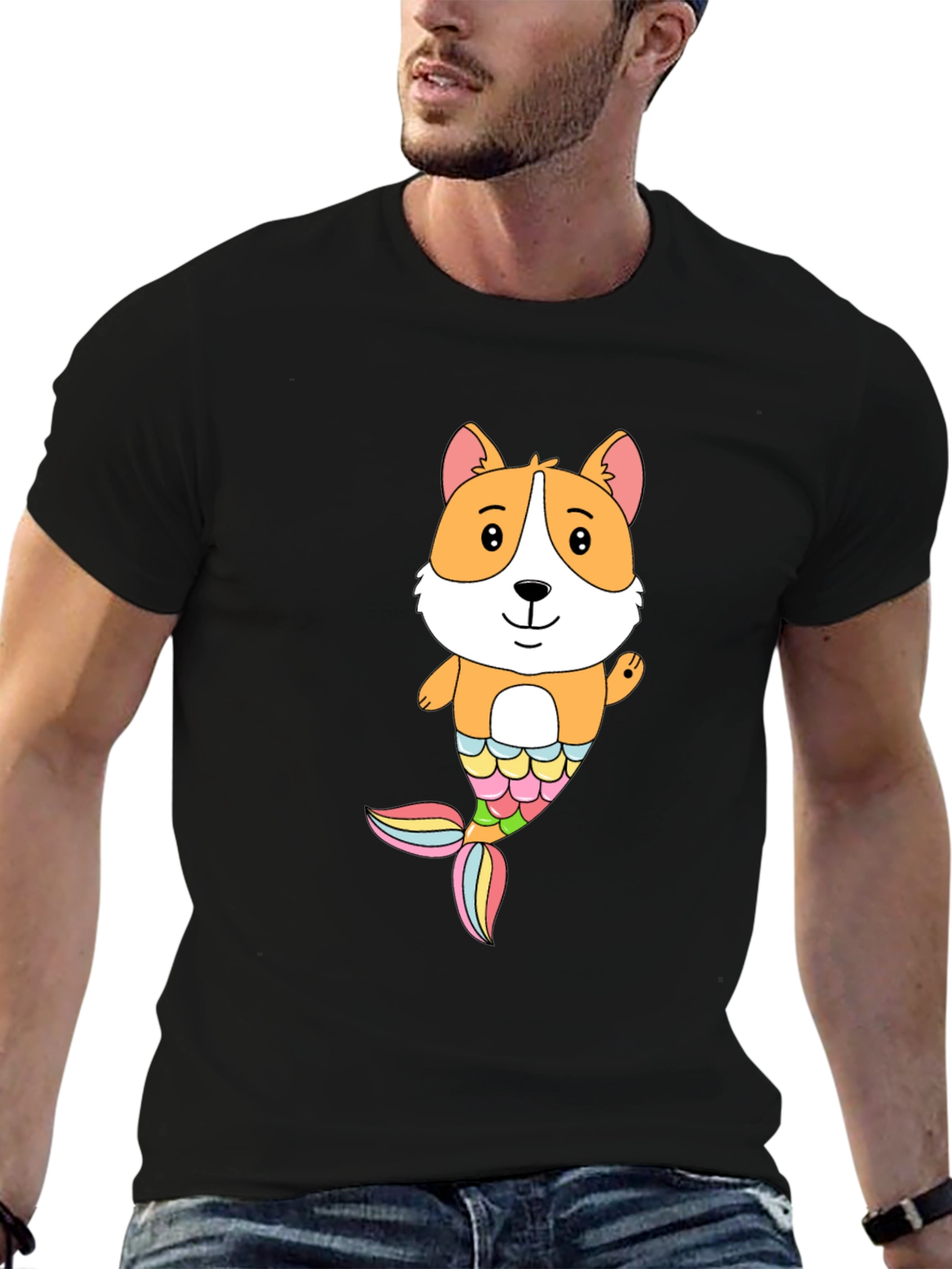 Corgi Mermaid Graphic Black T-Shirt