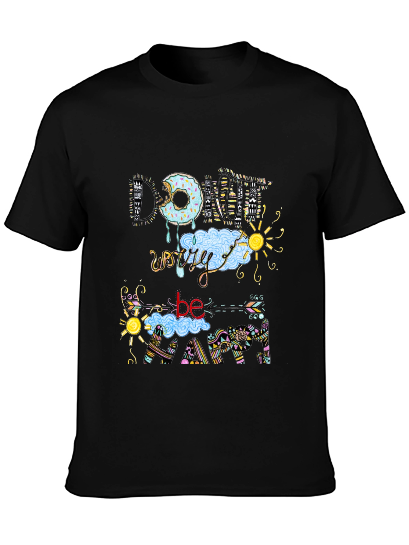 Donut Worry Be Happy Black T-Shirt