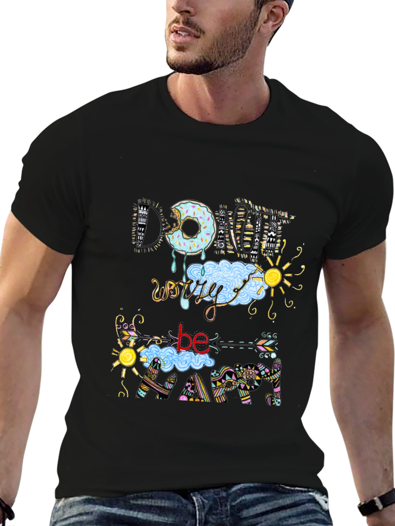 Donut Worry Be Happy Black T-Shirt