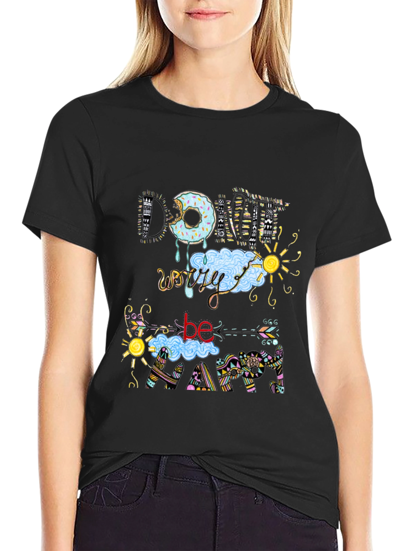 Donut Worry Be Happy Black T-Shirt