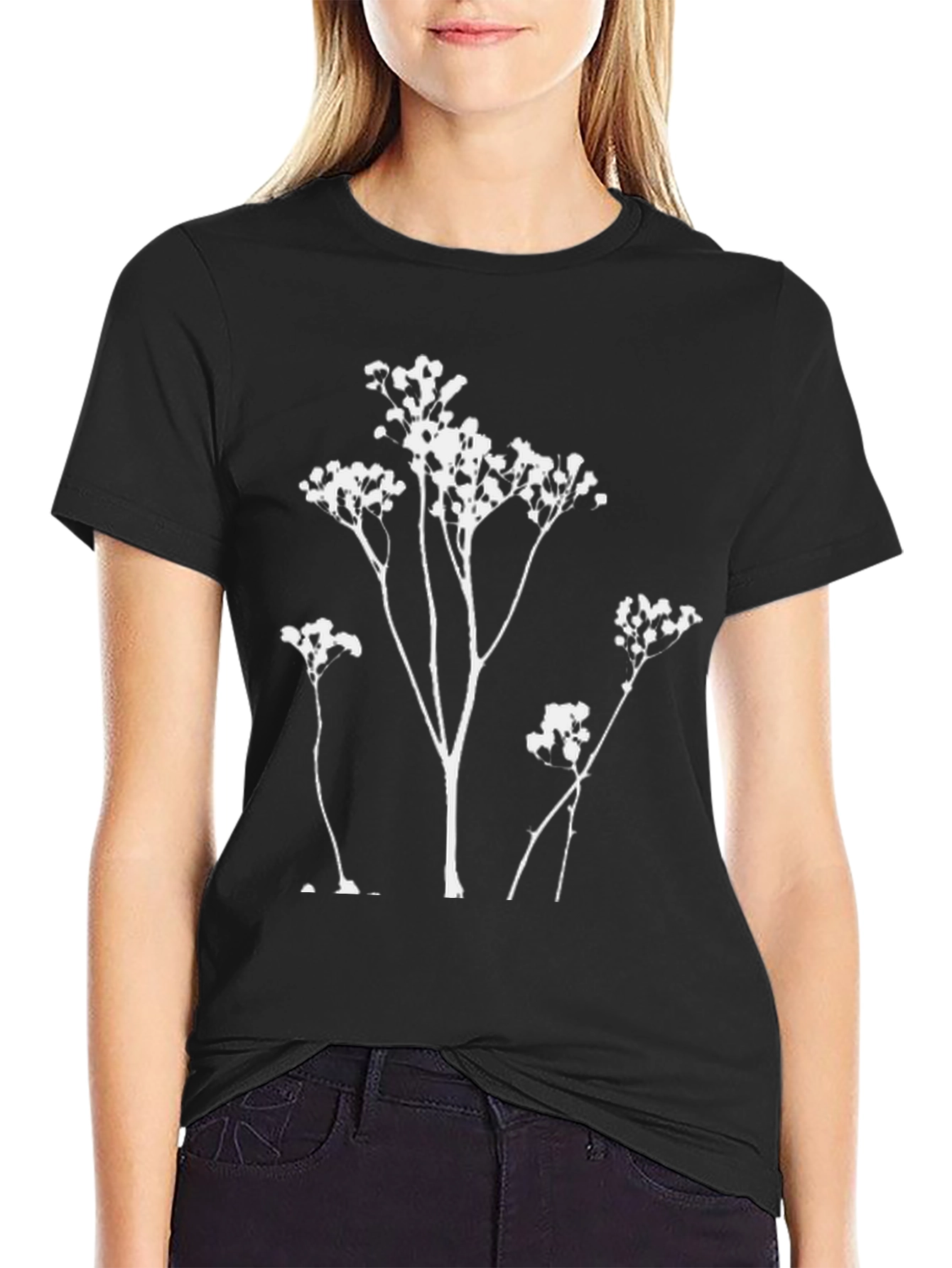 Minimalist Floral Print Black T-Shirt