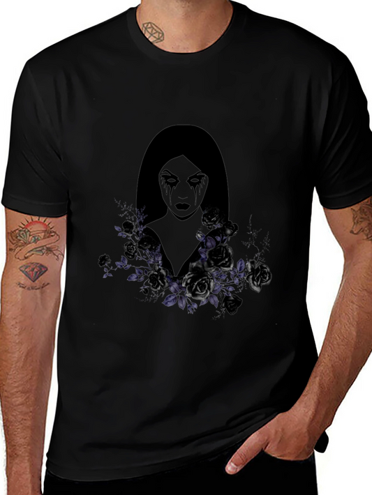 Gothic Woman & Roses Graphic Tee - Dark Aesthetic Shirt