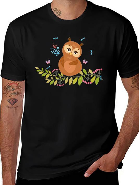 Cute Owl on Branch Graphic Tee - Unisex Black T-Shirt