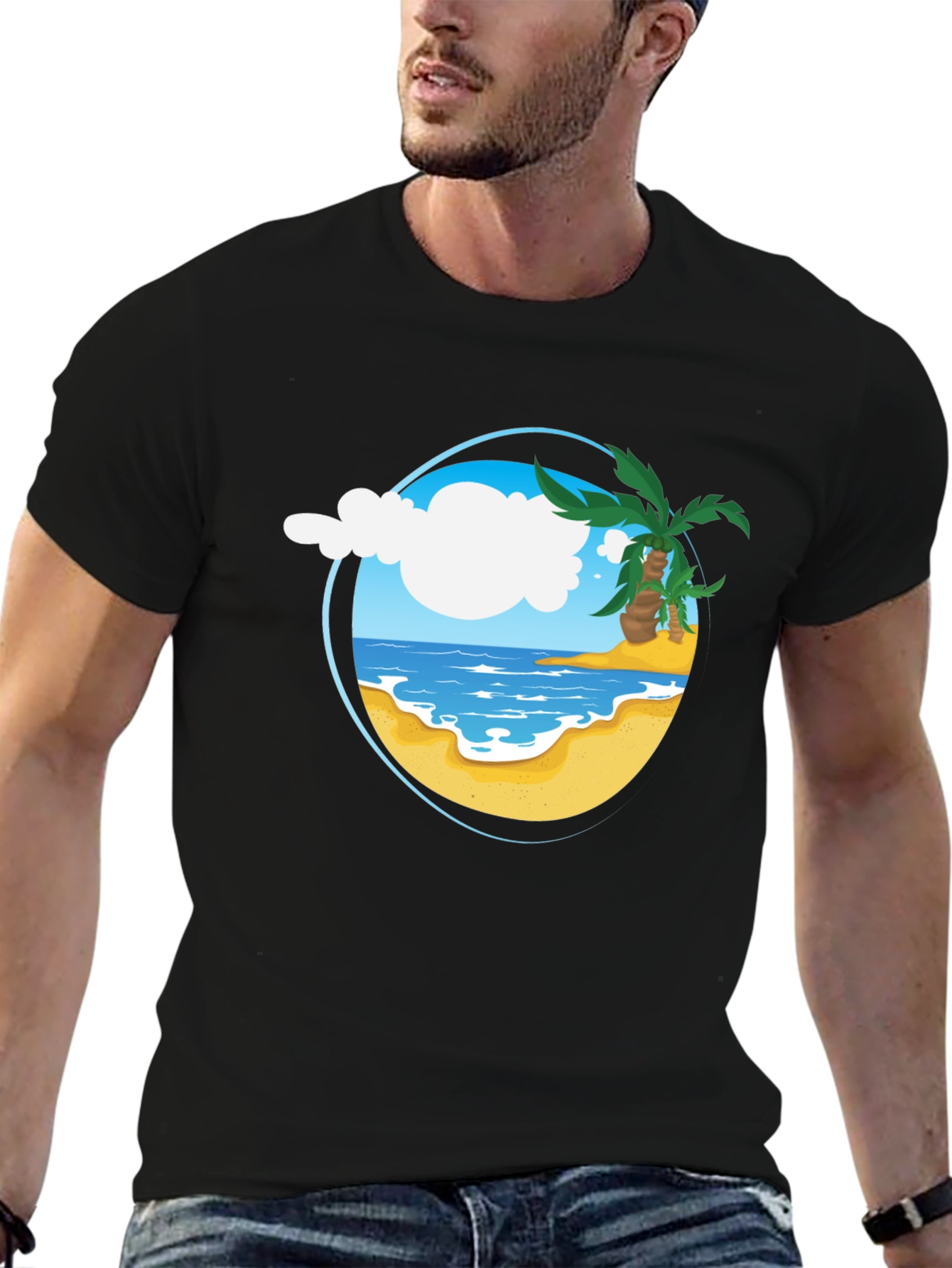 Tropical Beach Graphic Tee - Black Cotton Shirt
