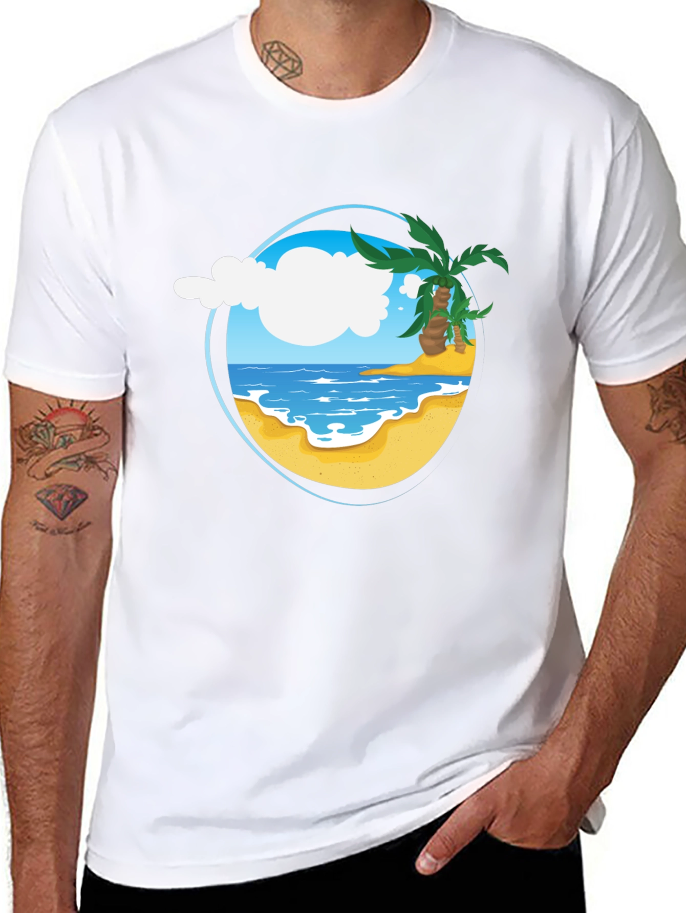 Tropical Beach Graphic Tee - Black Cotton Shirt