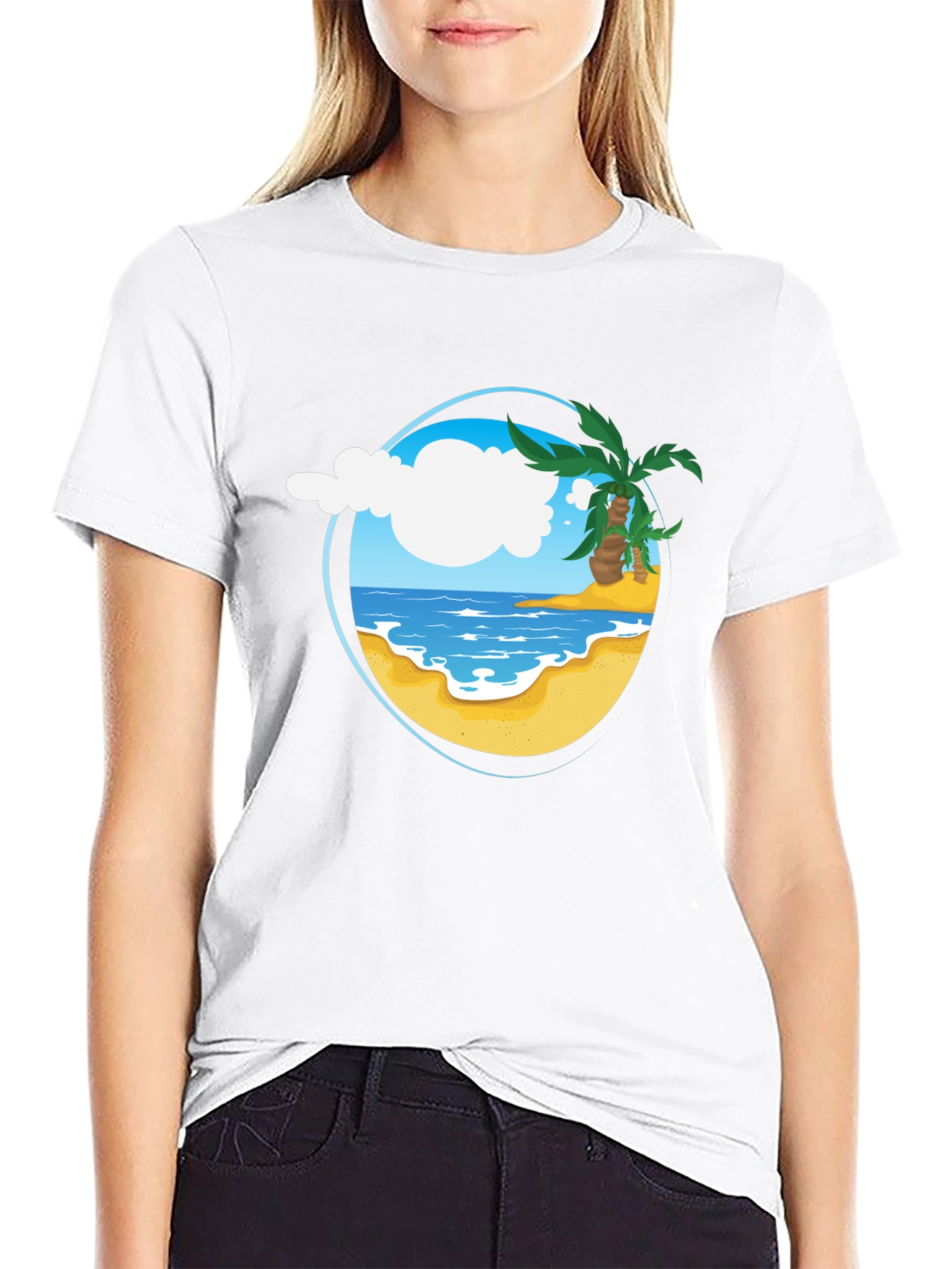 Tropical Beach Graphic Tee - Black Cotton Shirt