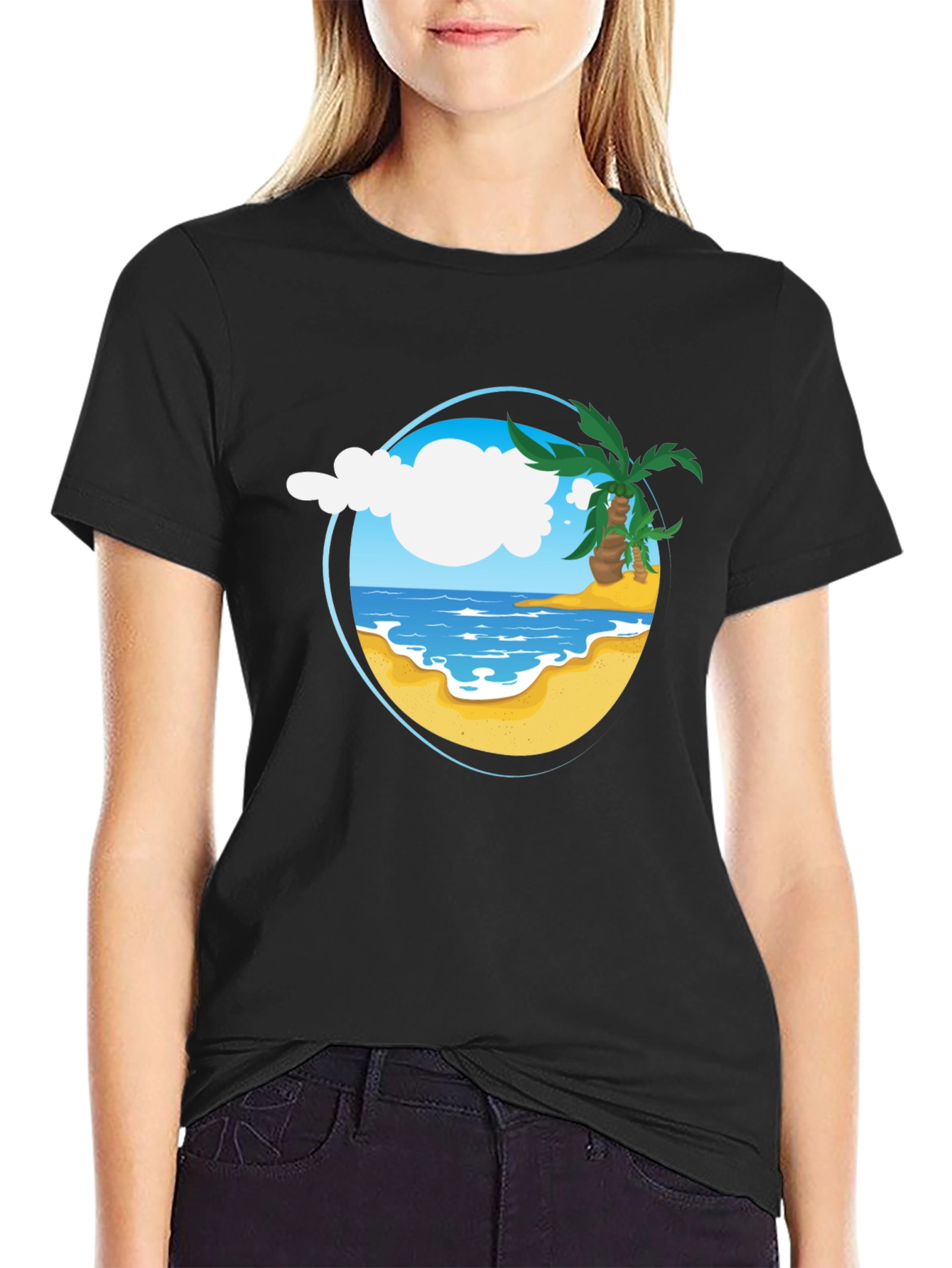 Tropical Beach Graphic Tee - Black Cotton Shirt