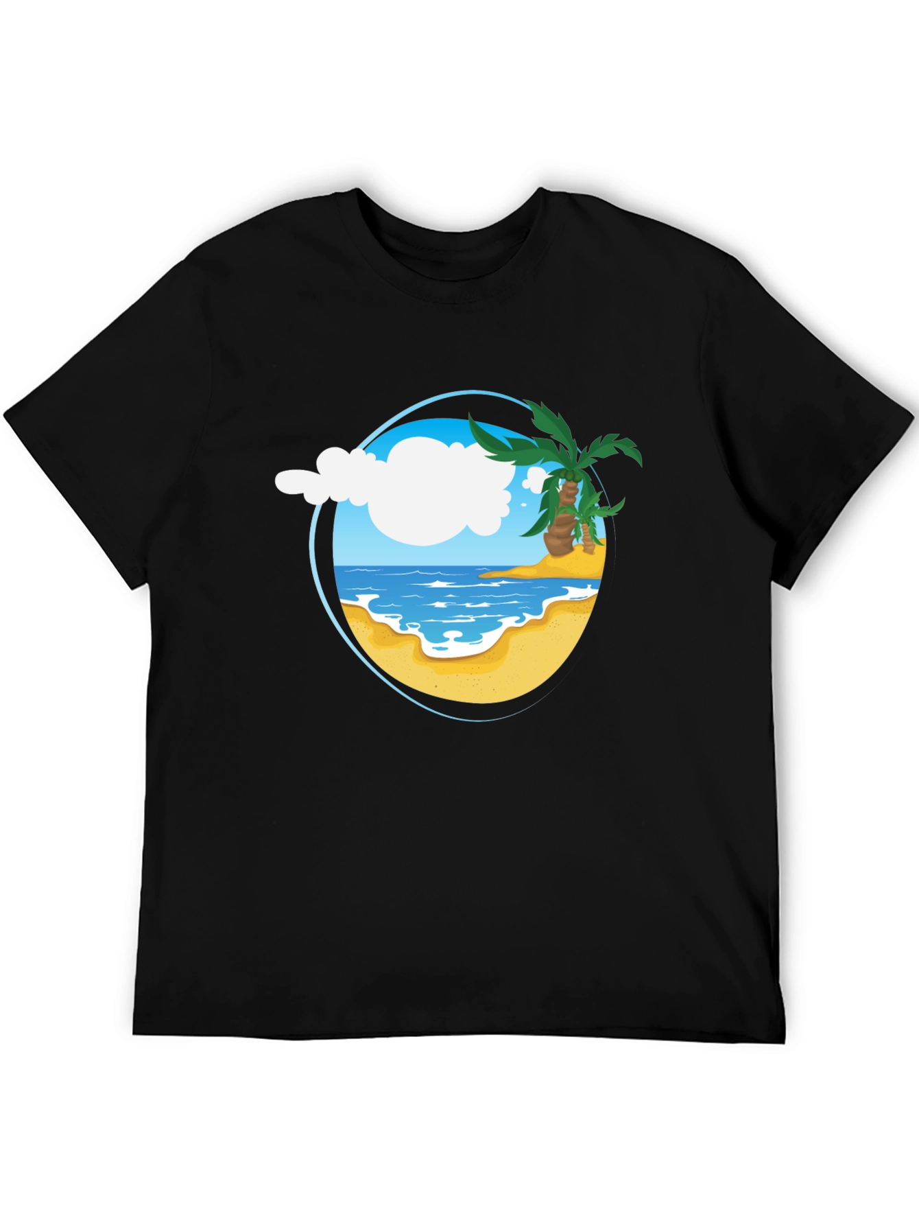 Tropical Beach Graphic Tee - Black Cotton Shirt