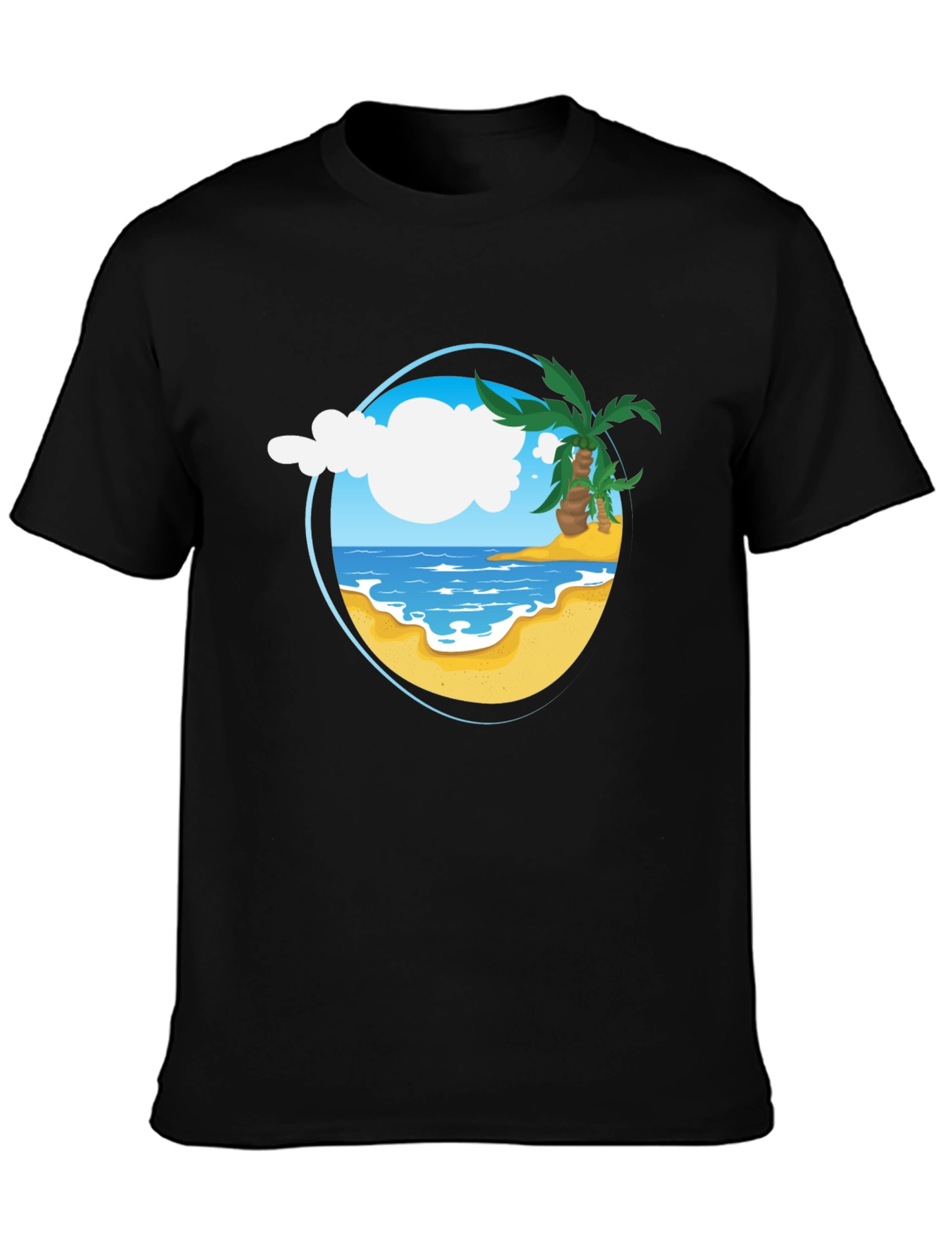 Tropical Beach Graphic Tee - Black Cotton Shirt