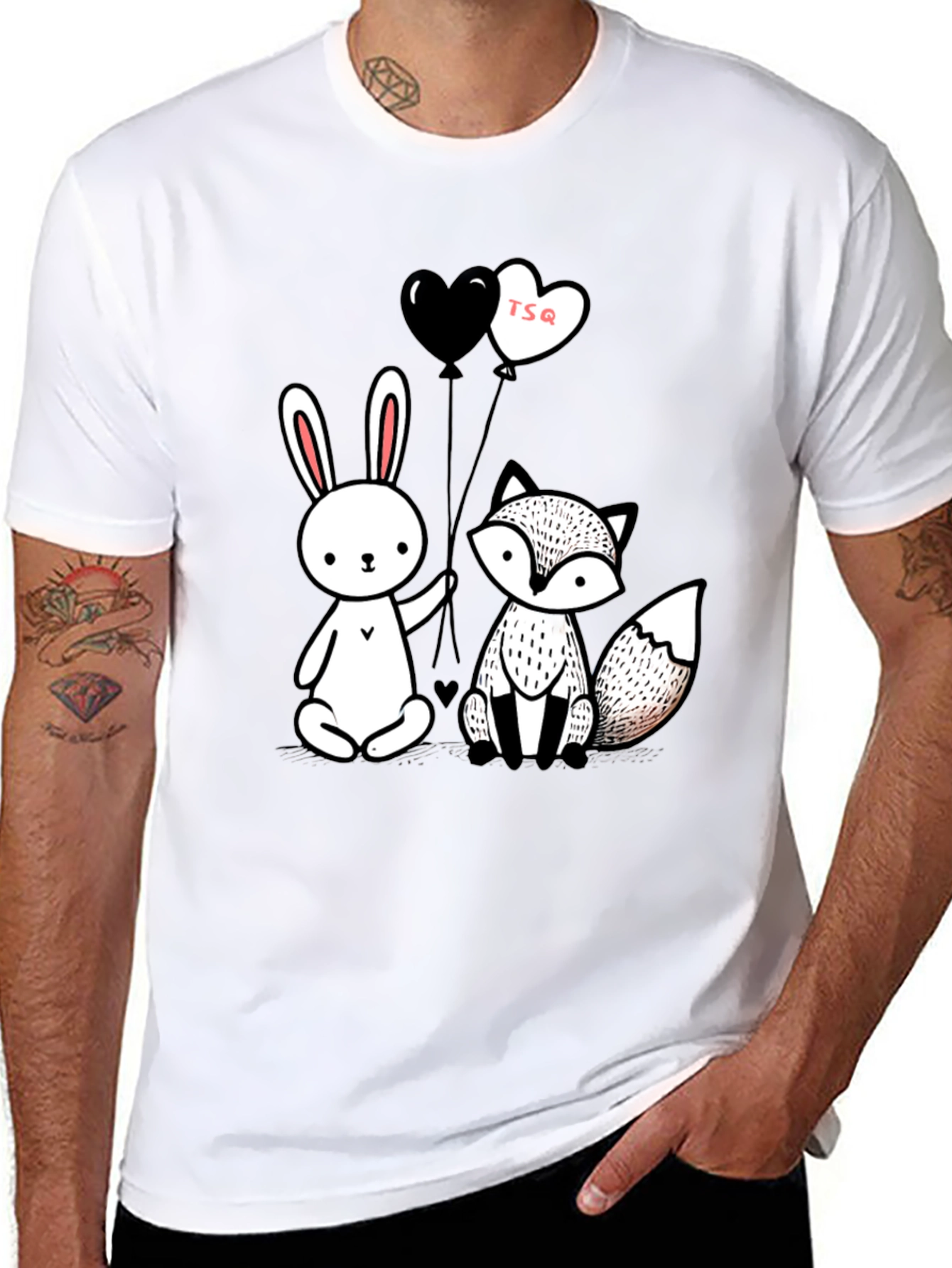 Cute Fox & Rabbit Graphic Tee - Heart Balloons