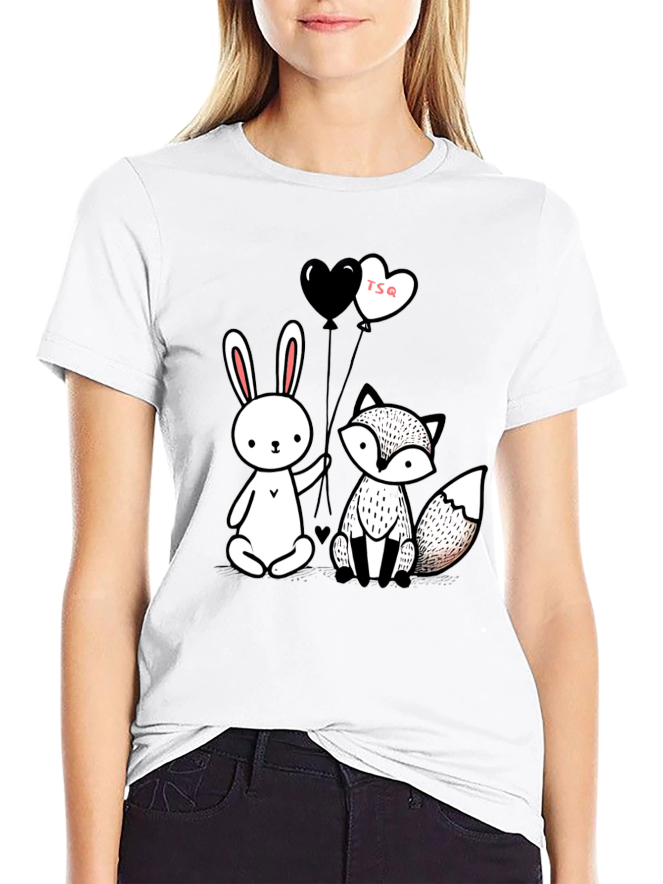 Cute Fox & Rabbit Graphic Tee - Heart Balloons