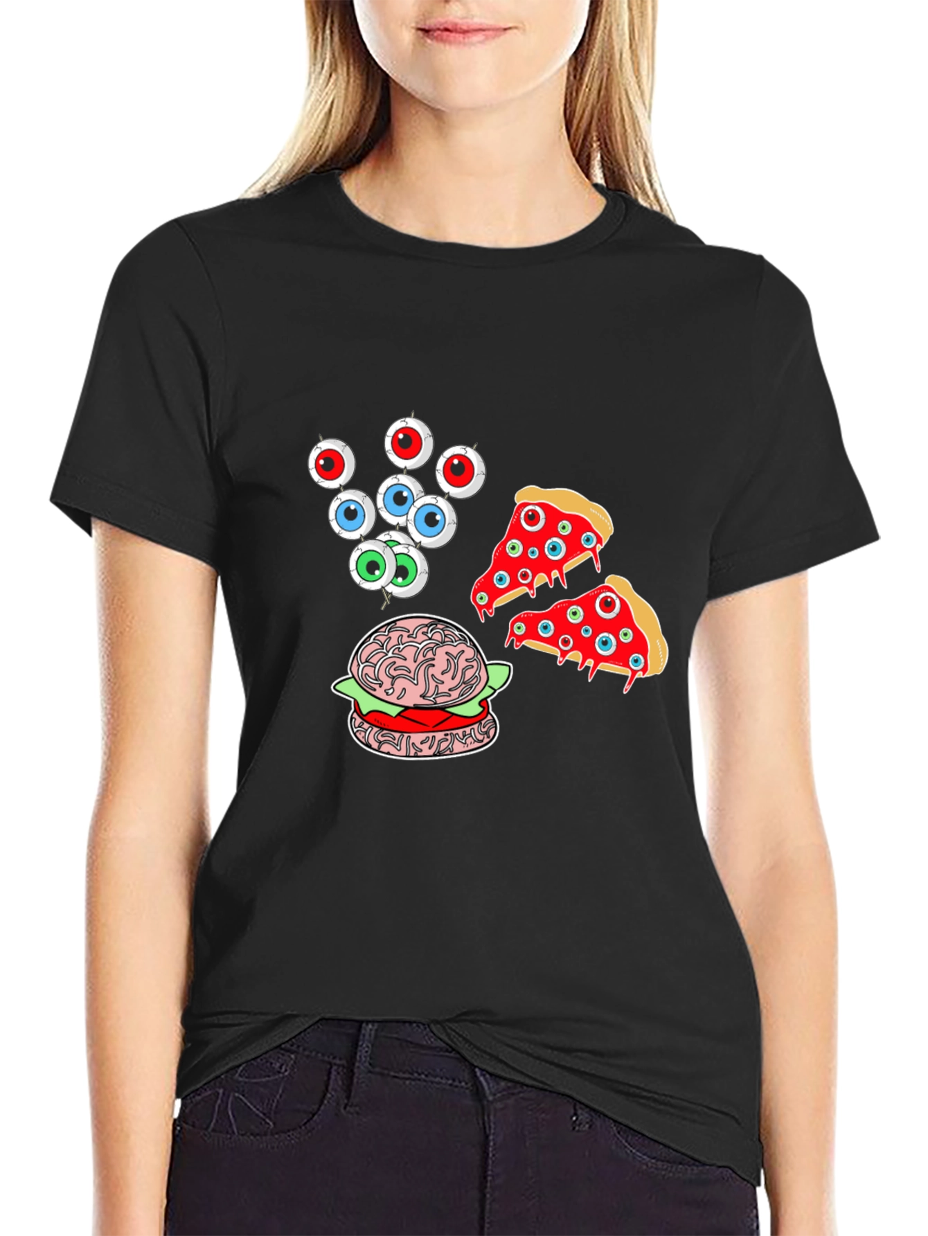 Eyeball Pizza Burger Graphic Black T-Shirt