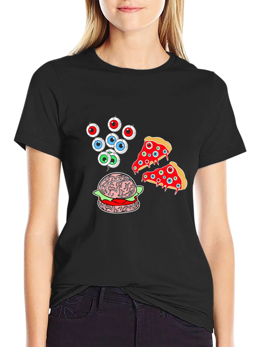 Eyeball Pizza Burger Graphic Black T-Shirt