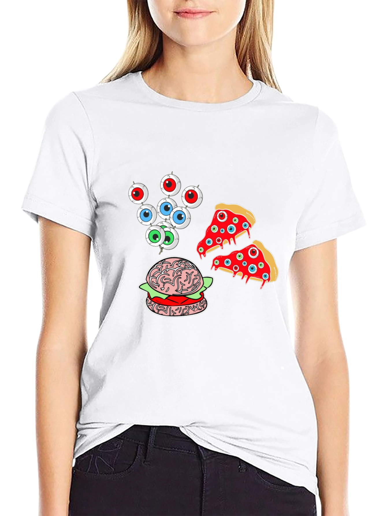 Eyeball Pizza Burger Graphic Black T-Shirt