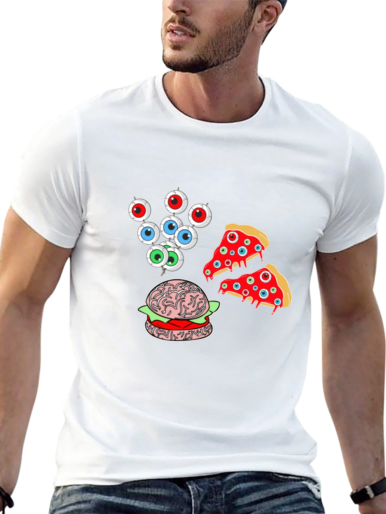 Eyeball Pizza Burger Graphic Black T-Shirt