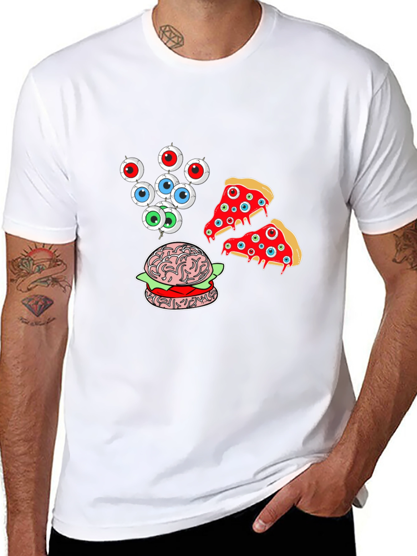Eyeball Pizza Burger Graphic Black T-Shirt