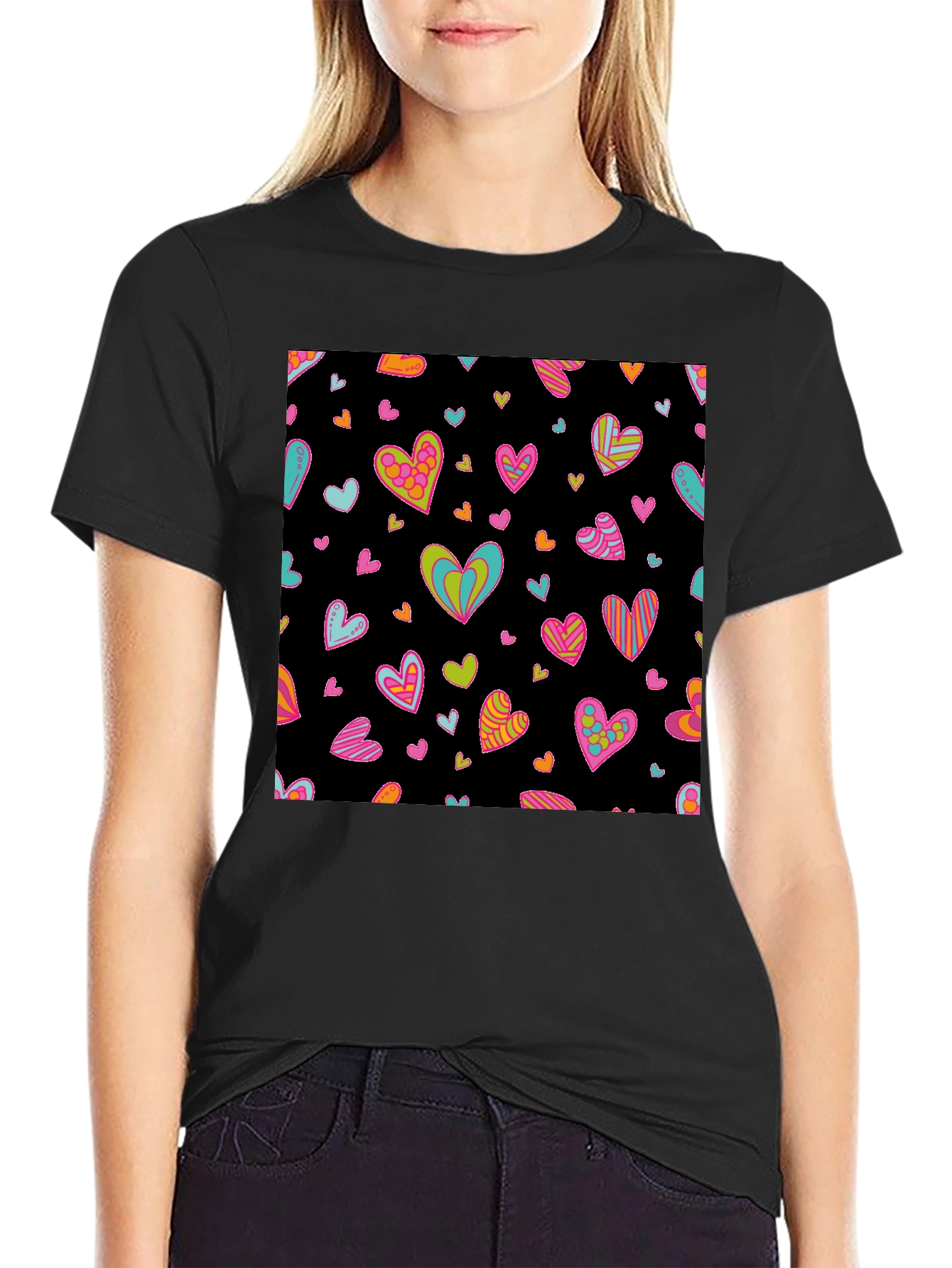 Groovy Heart Print Black T-Shirt