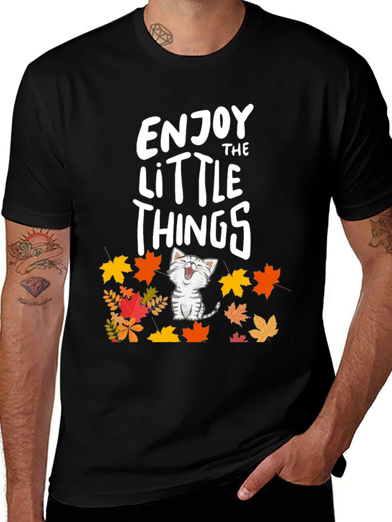 Enjoy the Little Things Cat Fall Leaves T-Shirt