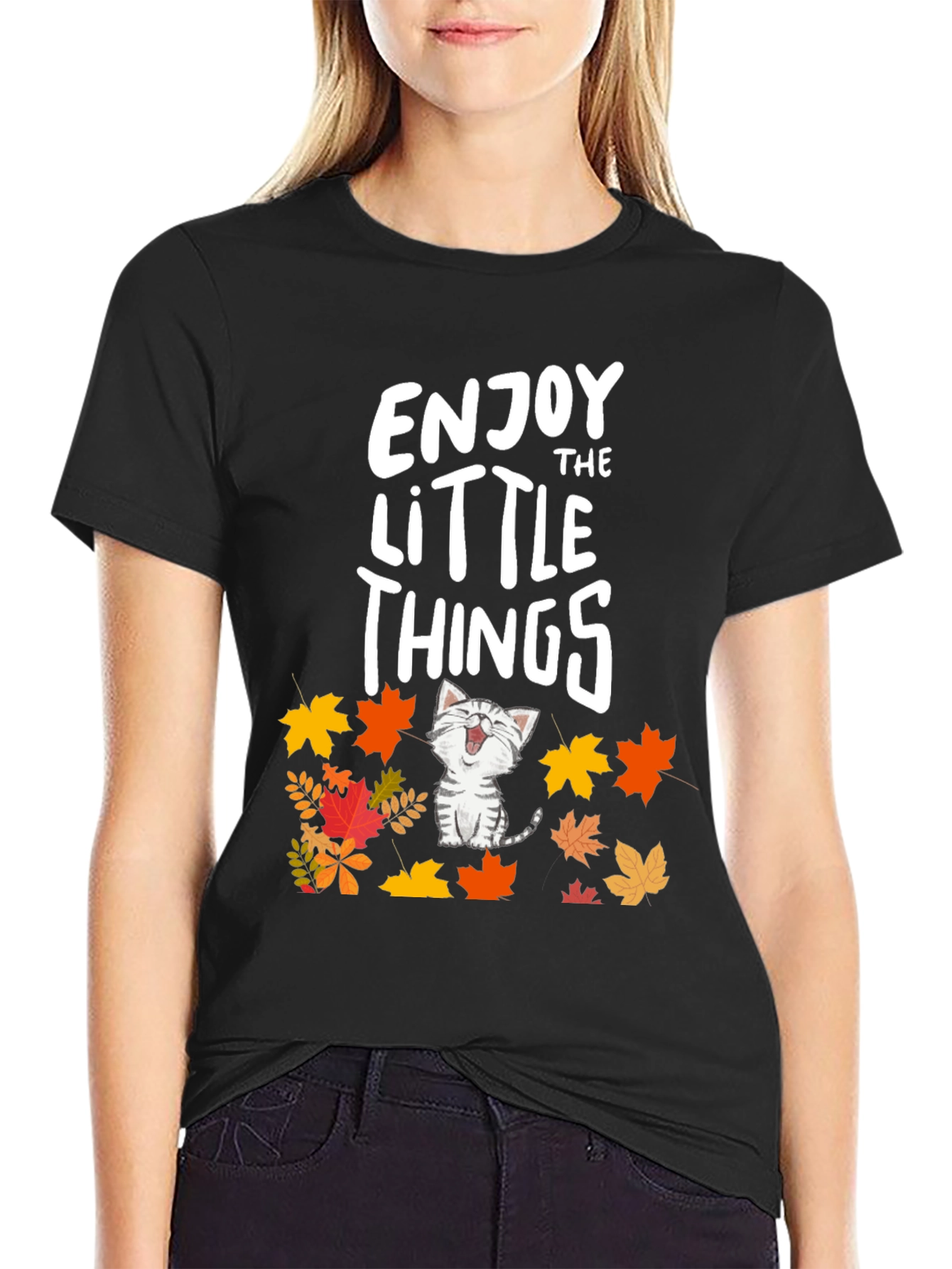 Enjoy the Little Things Cat Fall Leaves T-Shirt
