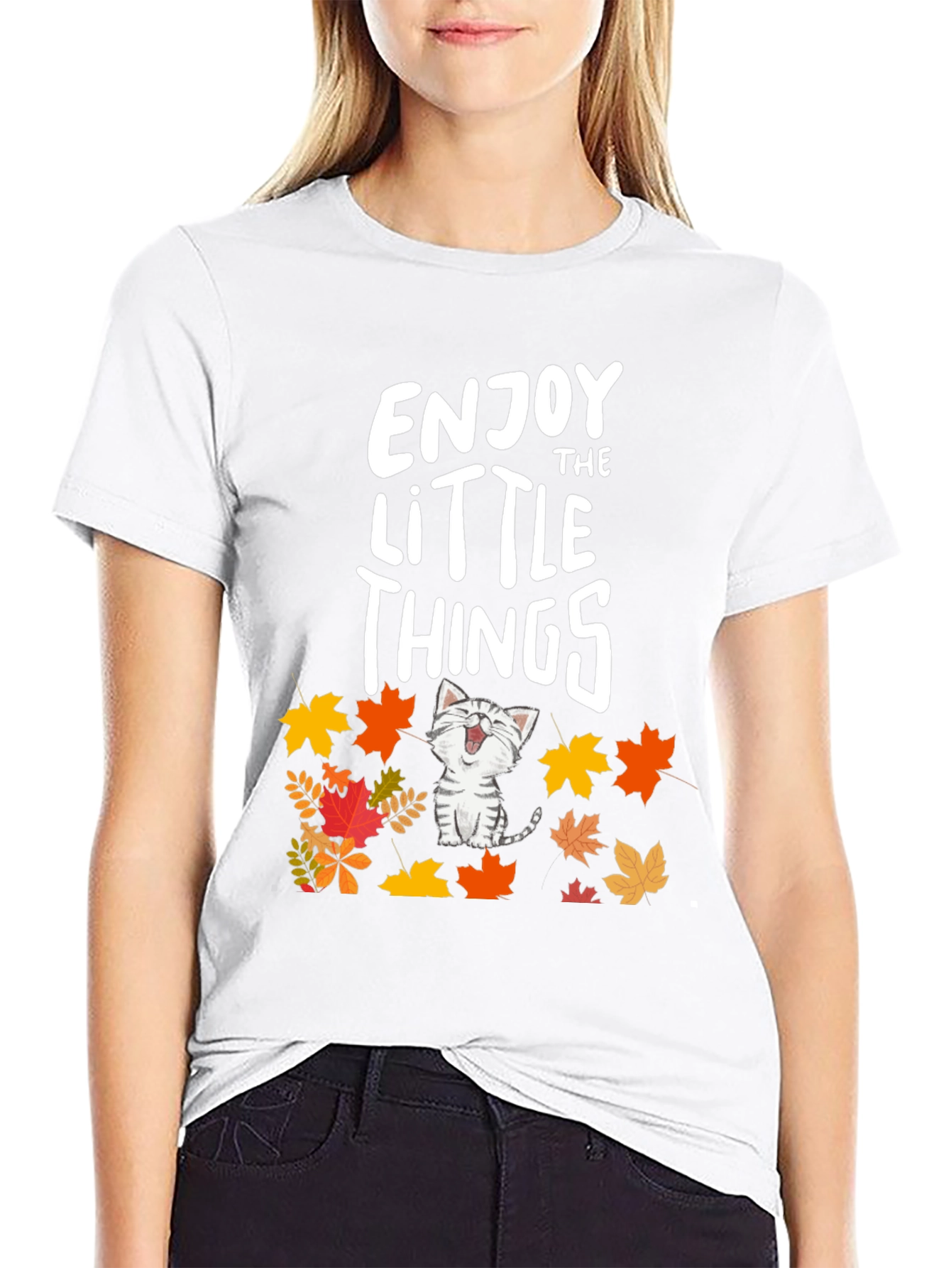 Enjoy the Little Things Cat Fall Leaves T-Shirt