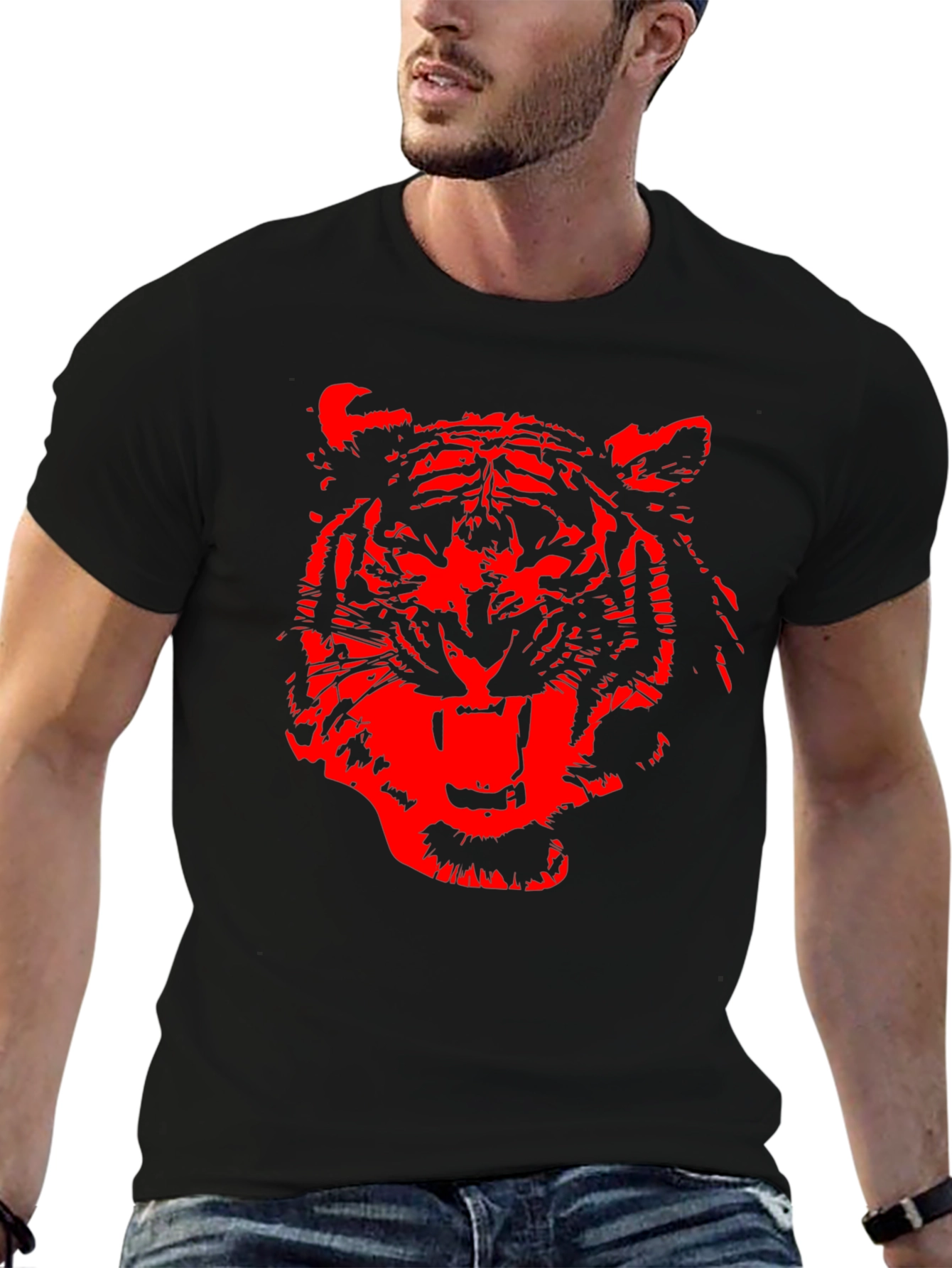 Red Tiger Graphic Print Black T-Shirt