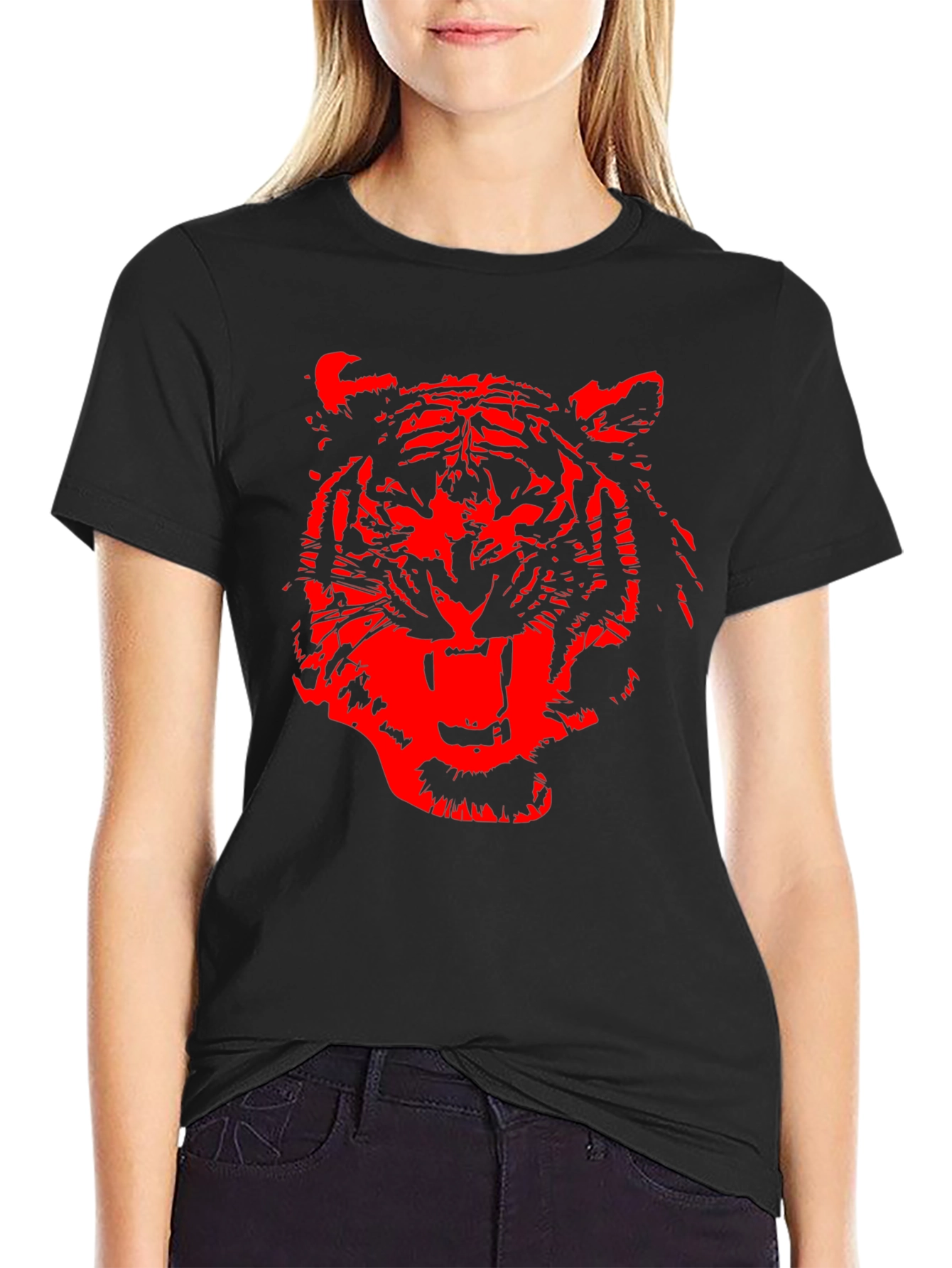 Red Tiger Graphic Print Black T-Shirt
