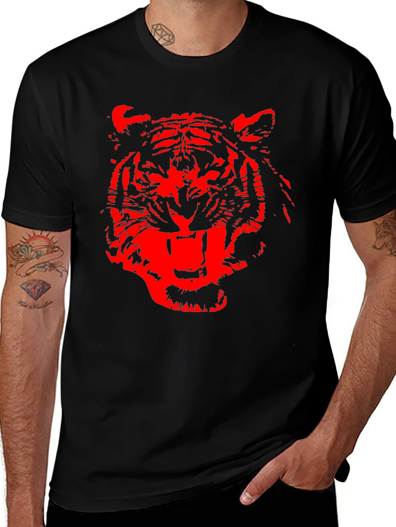 Red Tiger Graphic Print Black T-Shirt
