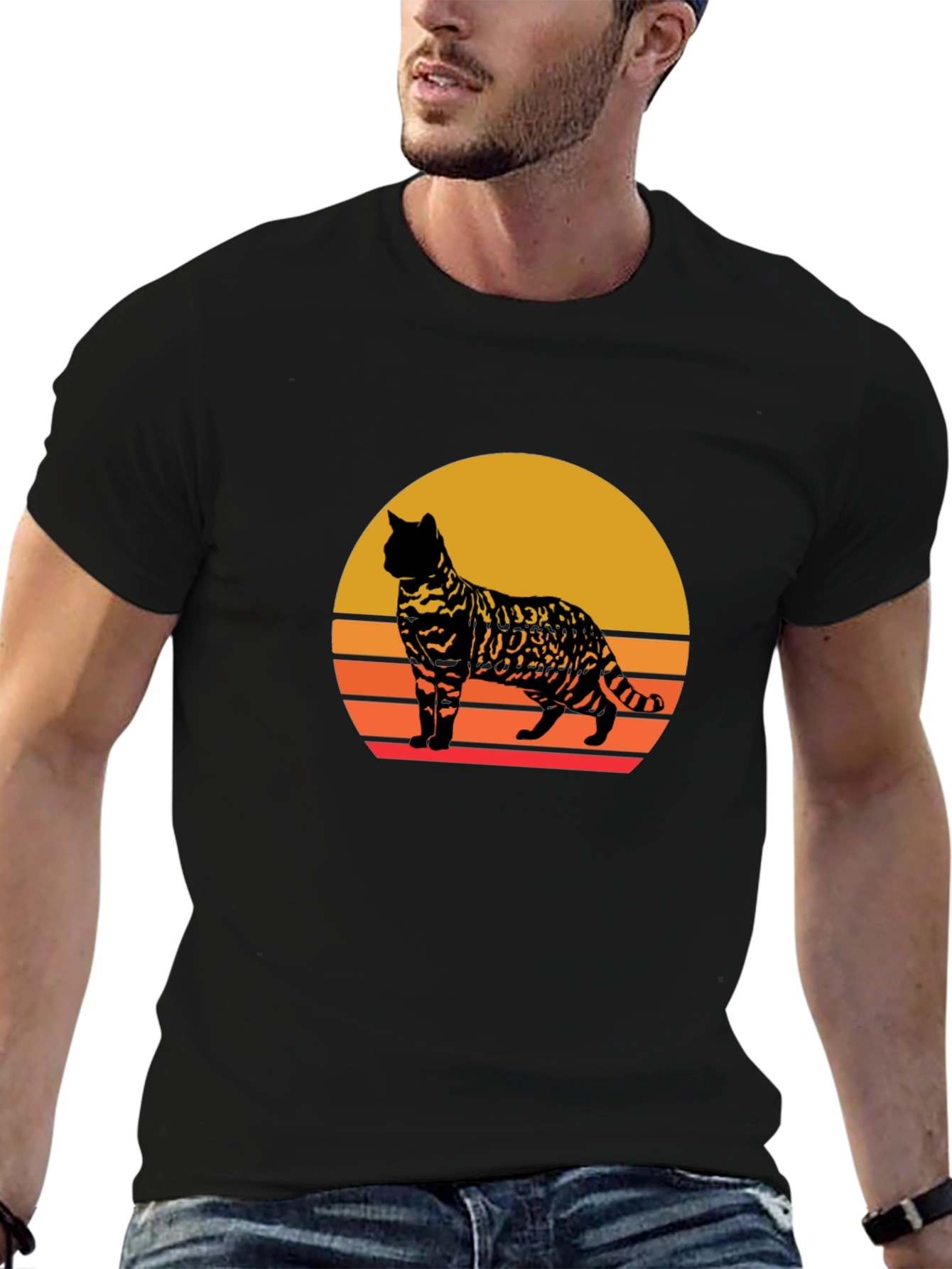 Retro Cat Sunset Graphic Tee - Unisex Black T-Shirt