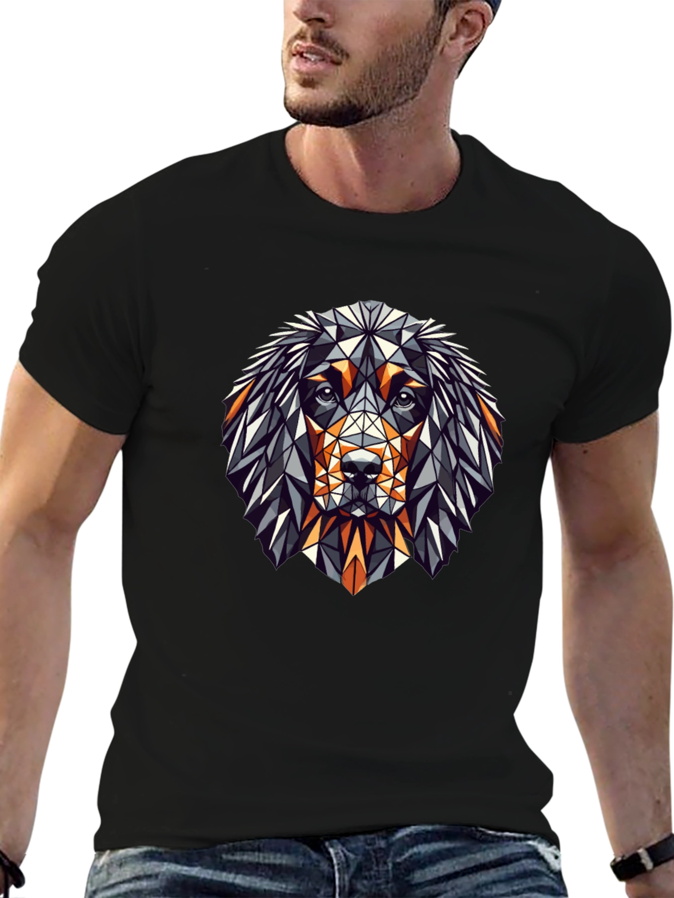 Geometric Dog Graphic Tee - Stylish Mens Black T-Shirt