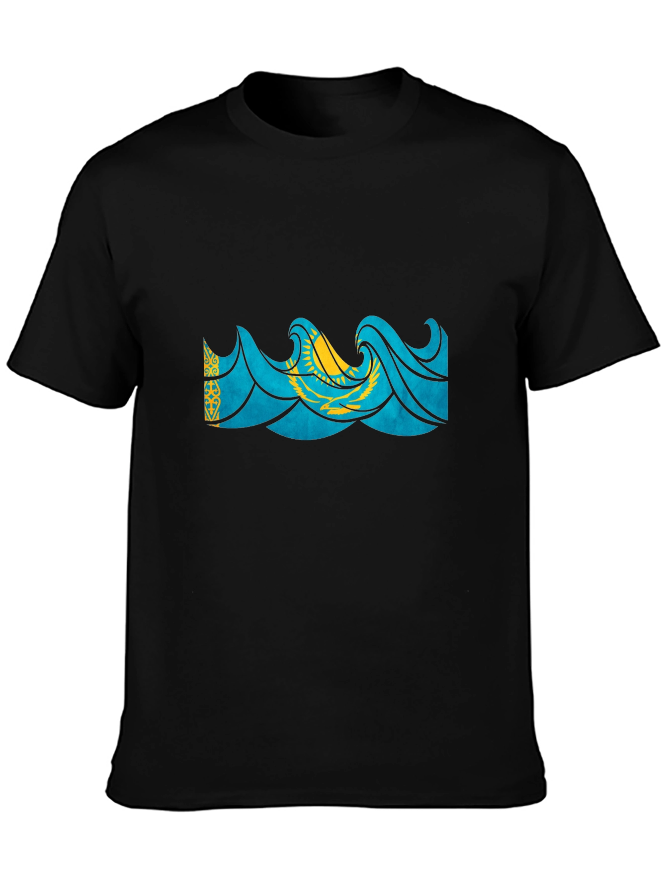 Kazakhstan Flag Wave Graphic Black T-Shirt