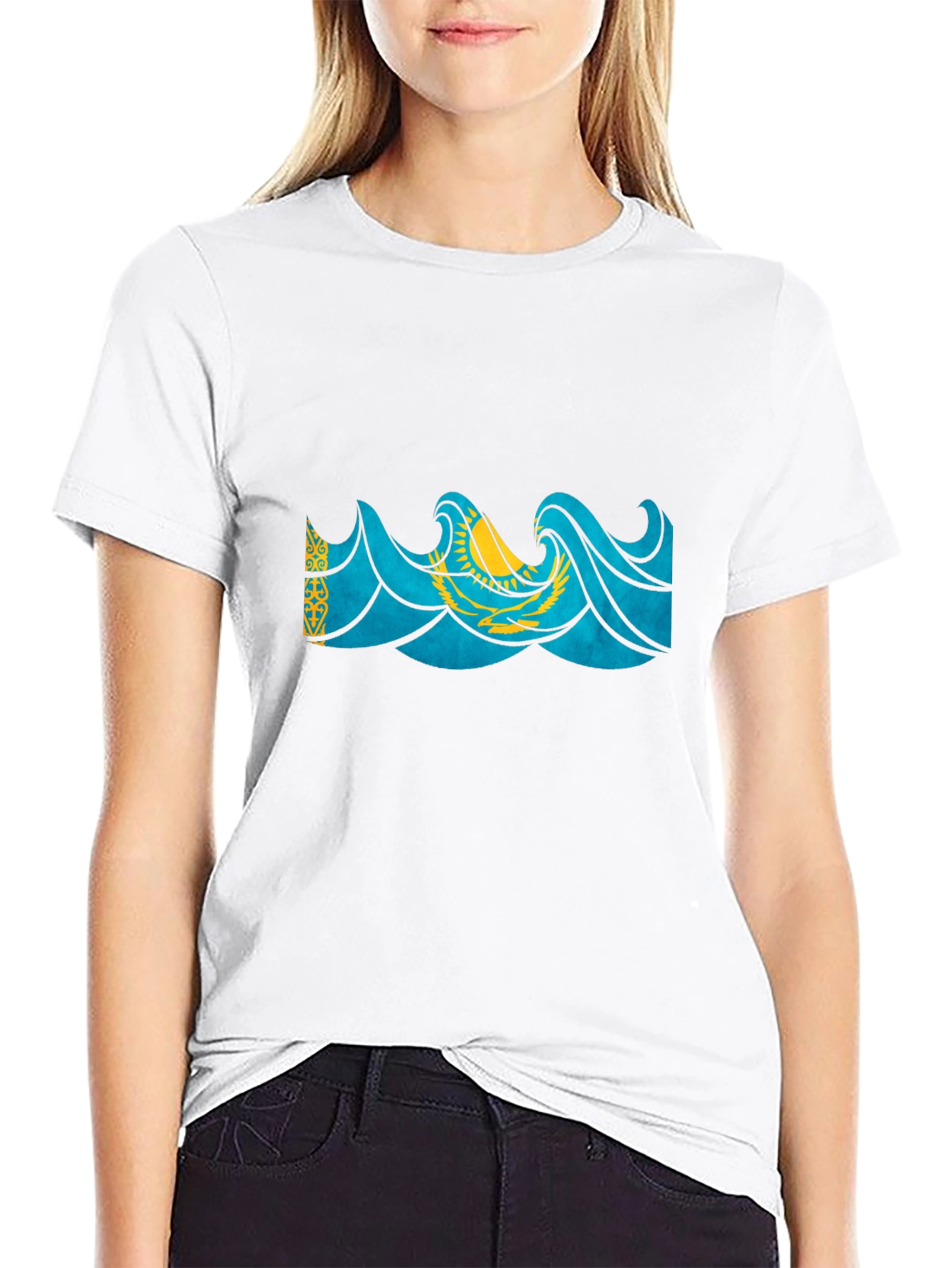 Kazakhstan Flag Wave Graphic Black T-Shirt