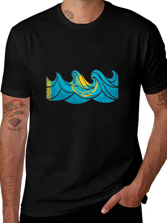 Kazakhstan Flag Wave Graphic Black T-Shirt