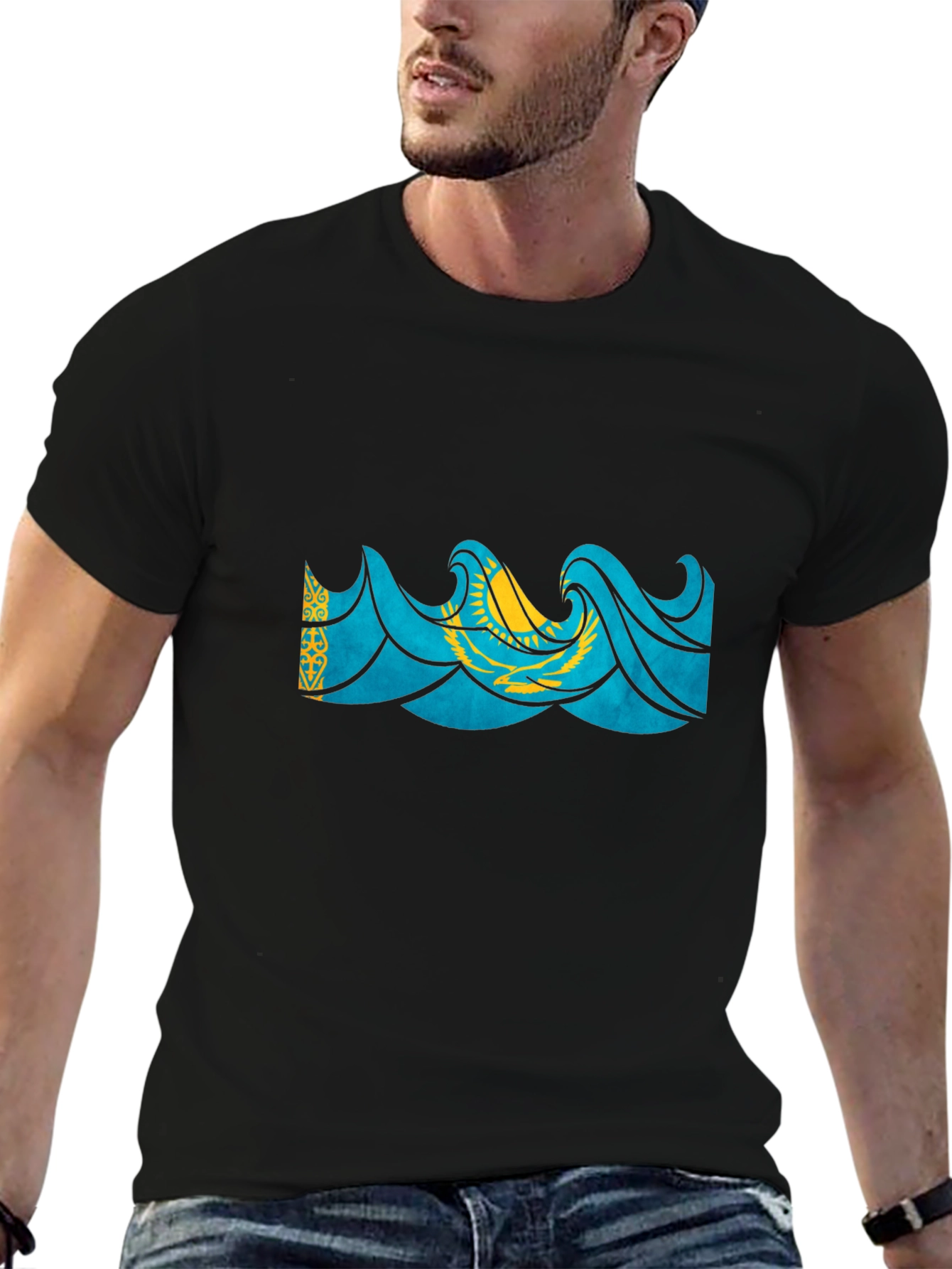 Kazakhstan Flag Wave Graphic Black T-Shirt