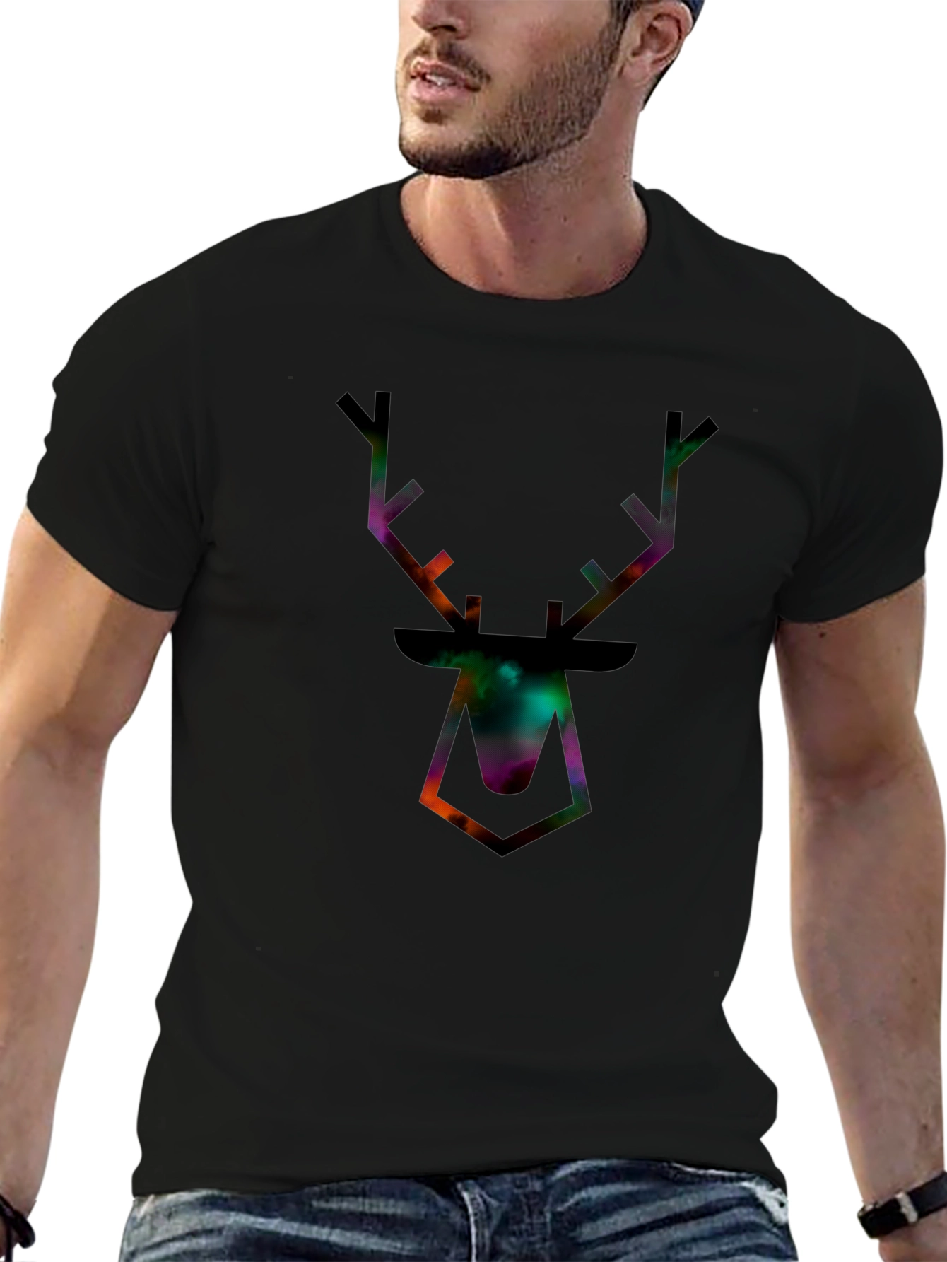 Galaxy Deer Head Graphic Tee - Mens Black T-Shirt