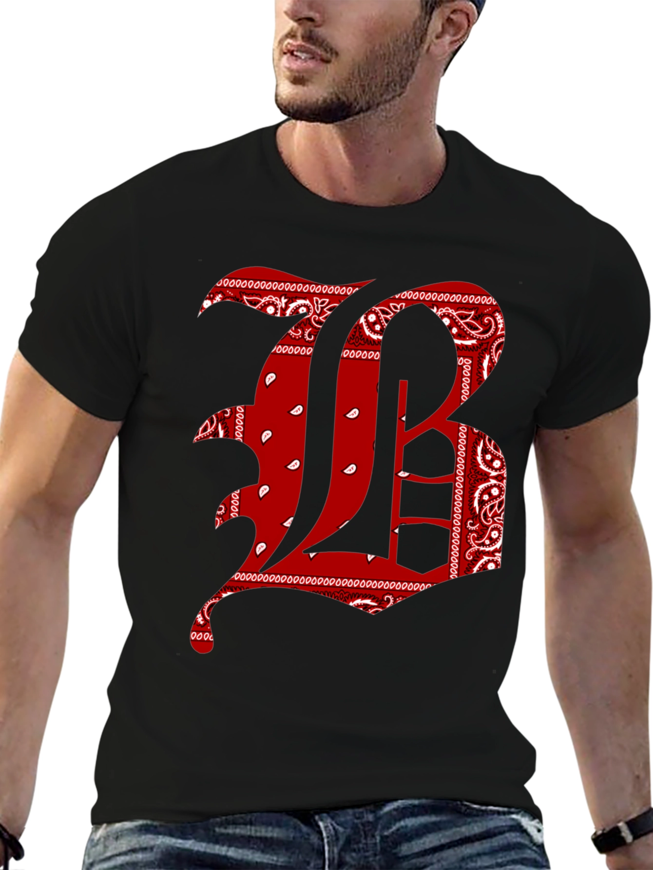Bandana Print Letter T-Shirt - Black