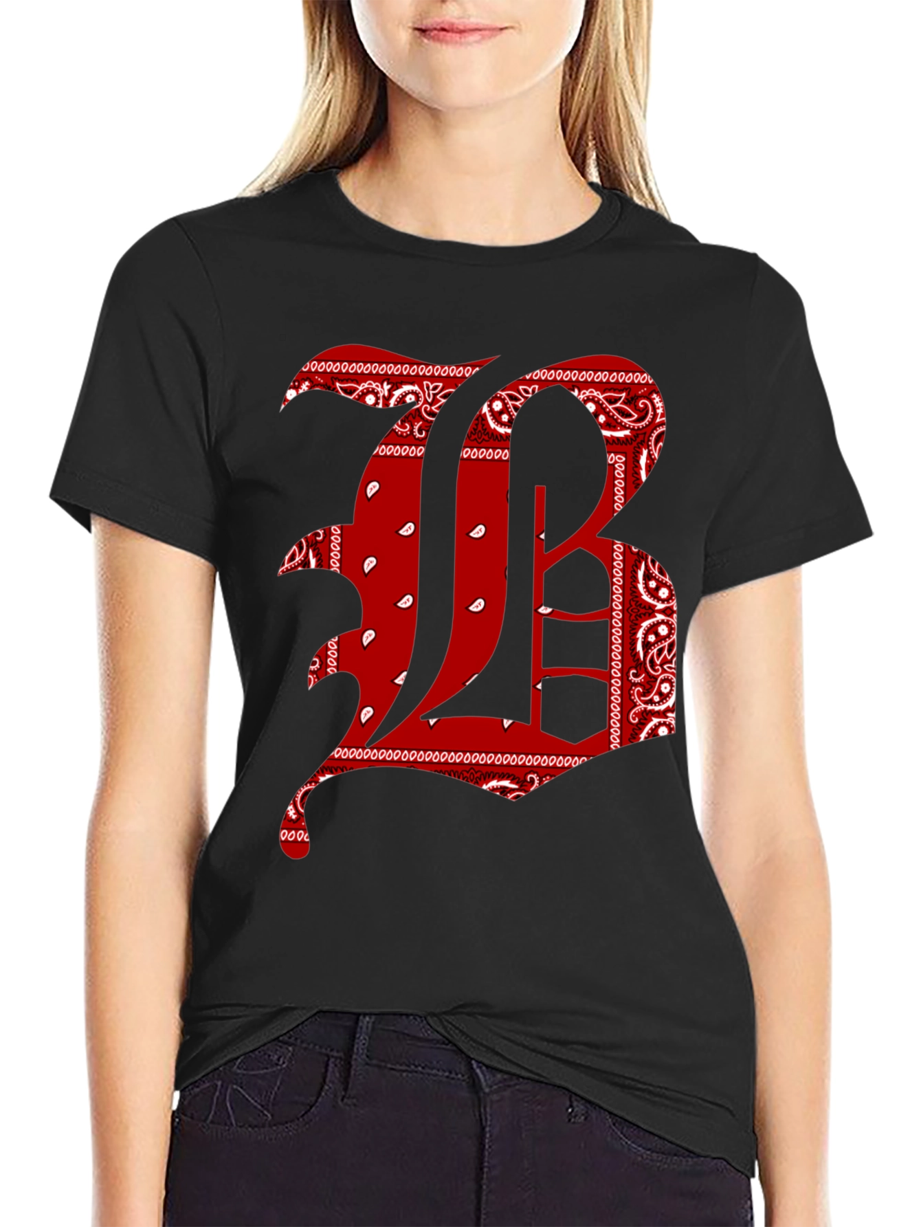 Bandana Print Letter T-Shirt - Black